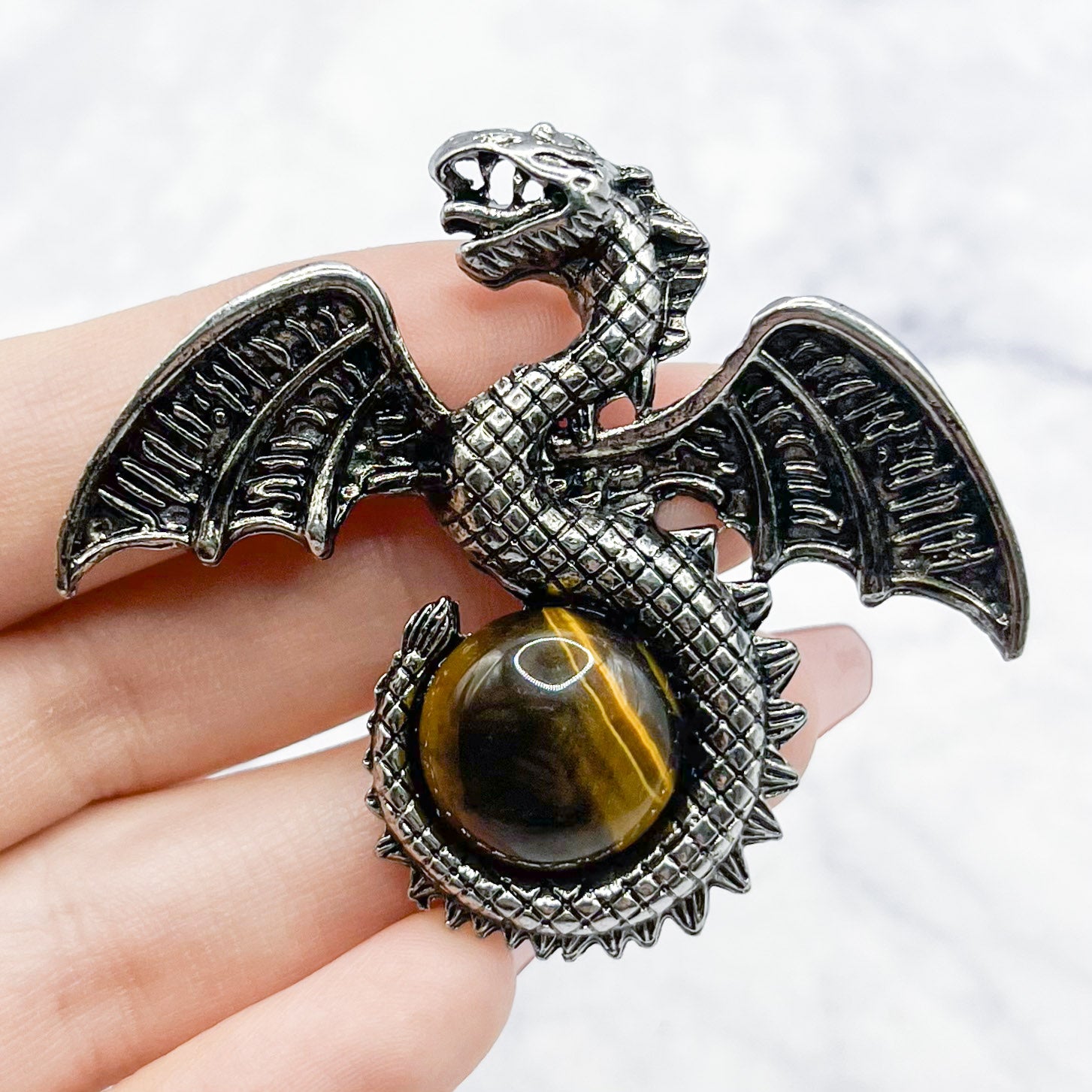 51mm Tiger's Eye Dragon with Open Wings Pendant S12