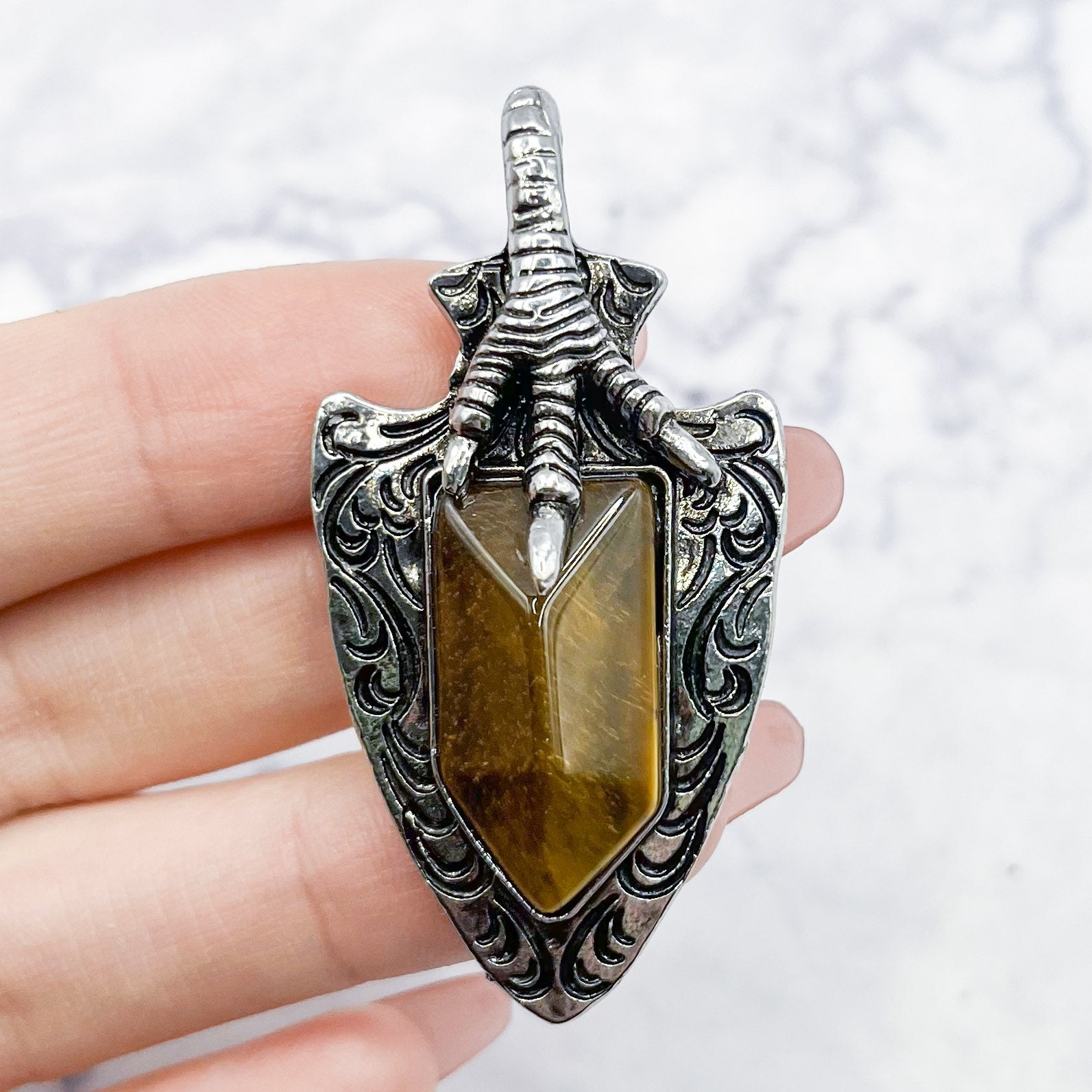 55mm Tiger's Eye Dragon Foot with Shield Pendant H10