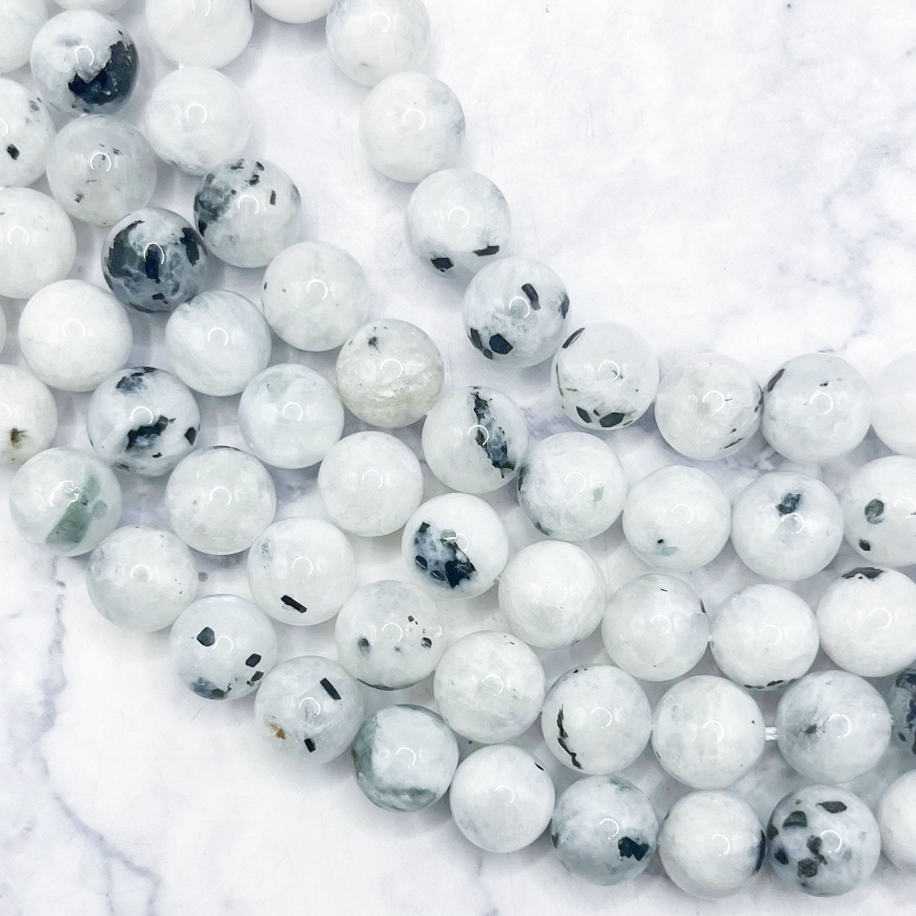 10mm Rainbow Moonstone with Tourmaline Bead Half Strand J23