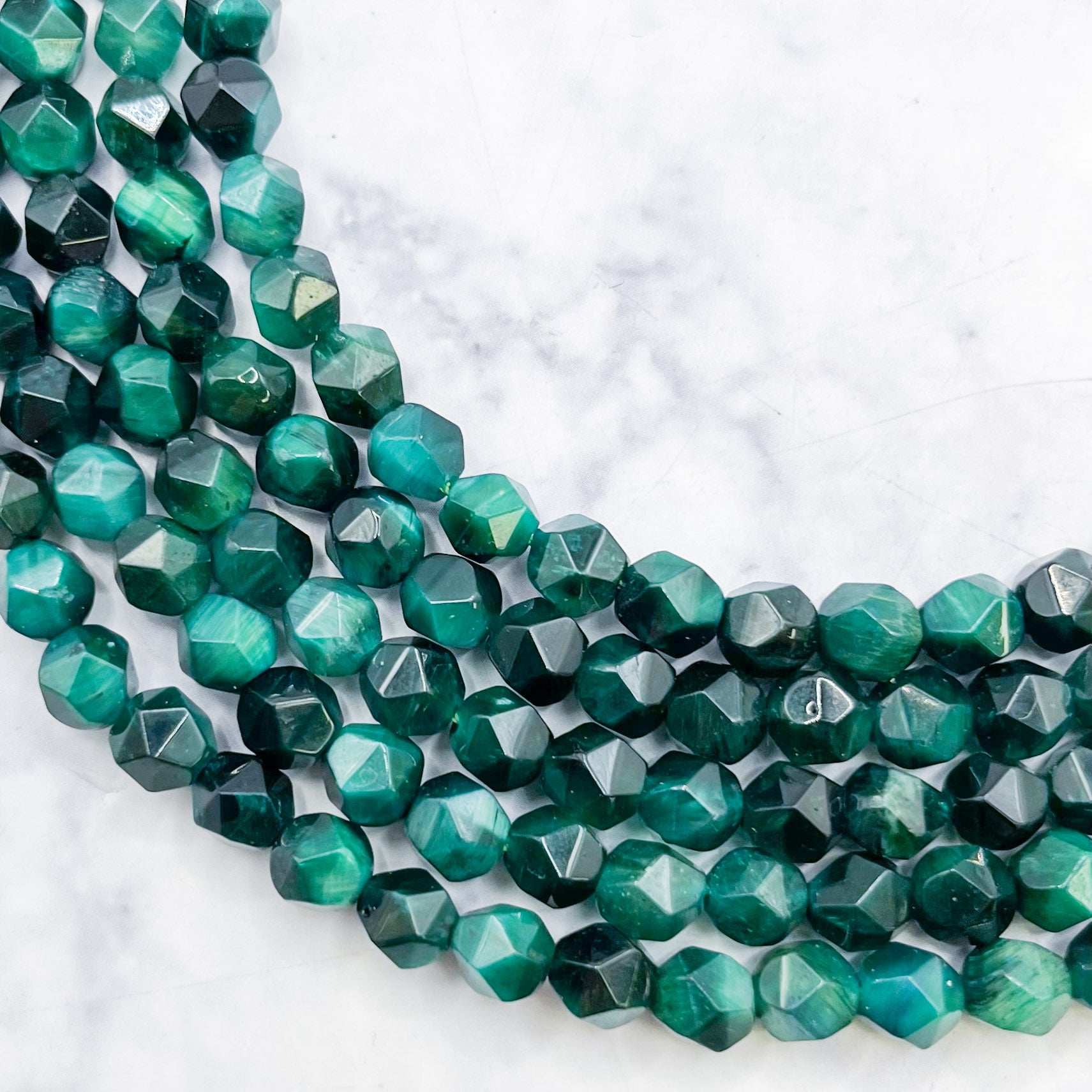 6mm Dyed Green Tiger's Eye Polygon Bead Half Strand R12