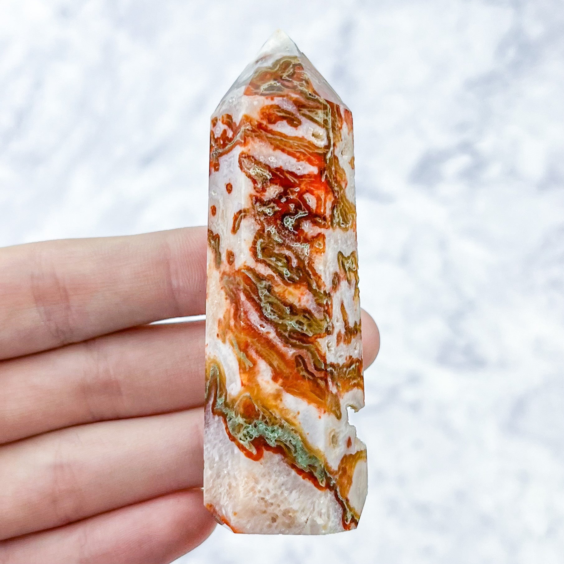 3 Inch Carnelian Moss Agate Tower F11