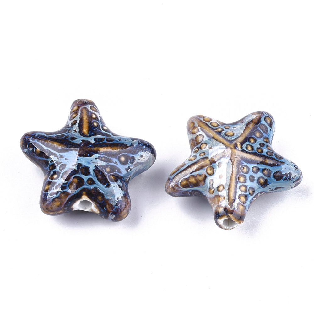 35mm Blue and Brown Porcelain Starfish Focal Bead P37