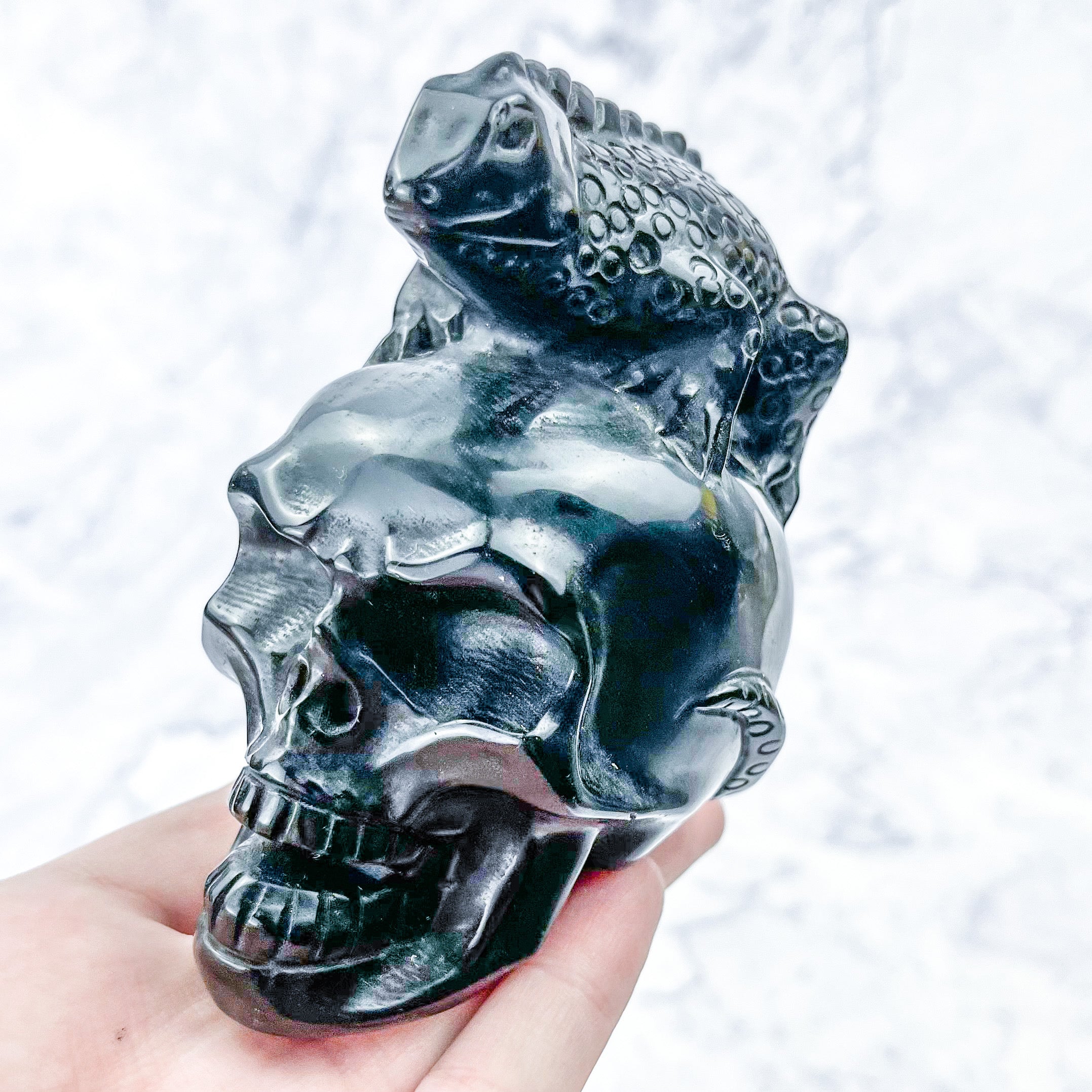 3.5 Inch Obsidian Skull with Lizard Carving X78