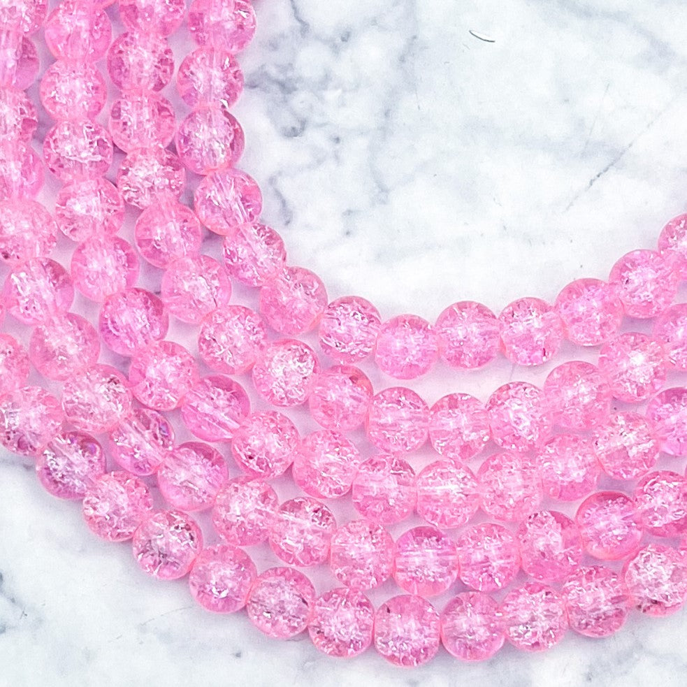 8mm Hot Pink Crackle Glass Bead Strand