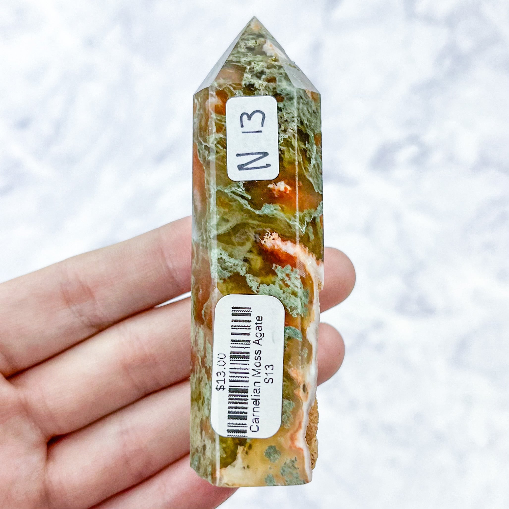 3.5 Inch Carnelian Moss Agate Tower N13