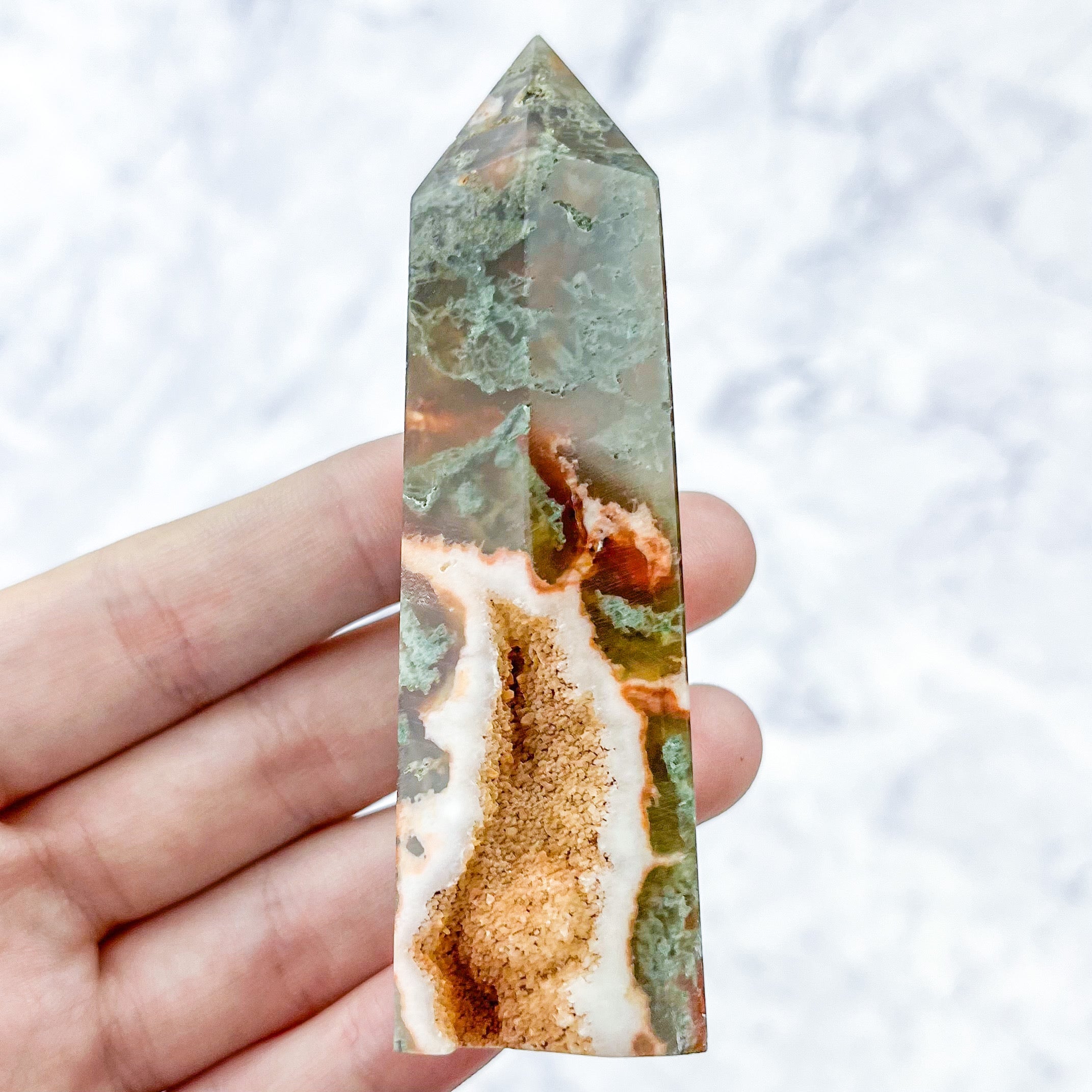 3.5 Inch Carnelian Moss Agate Tower N13