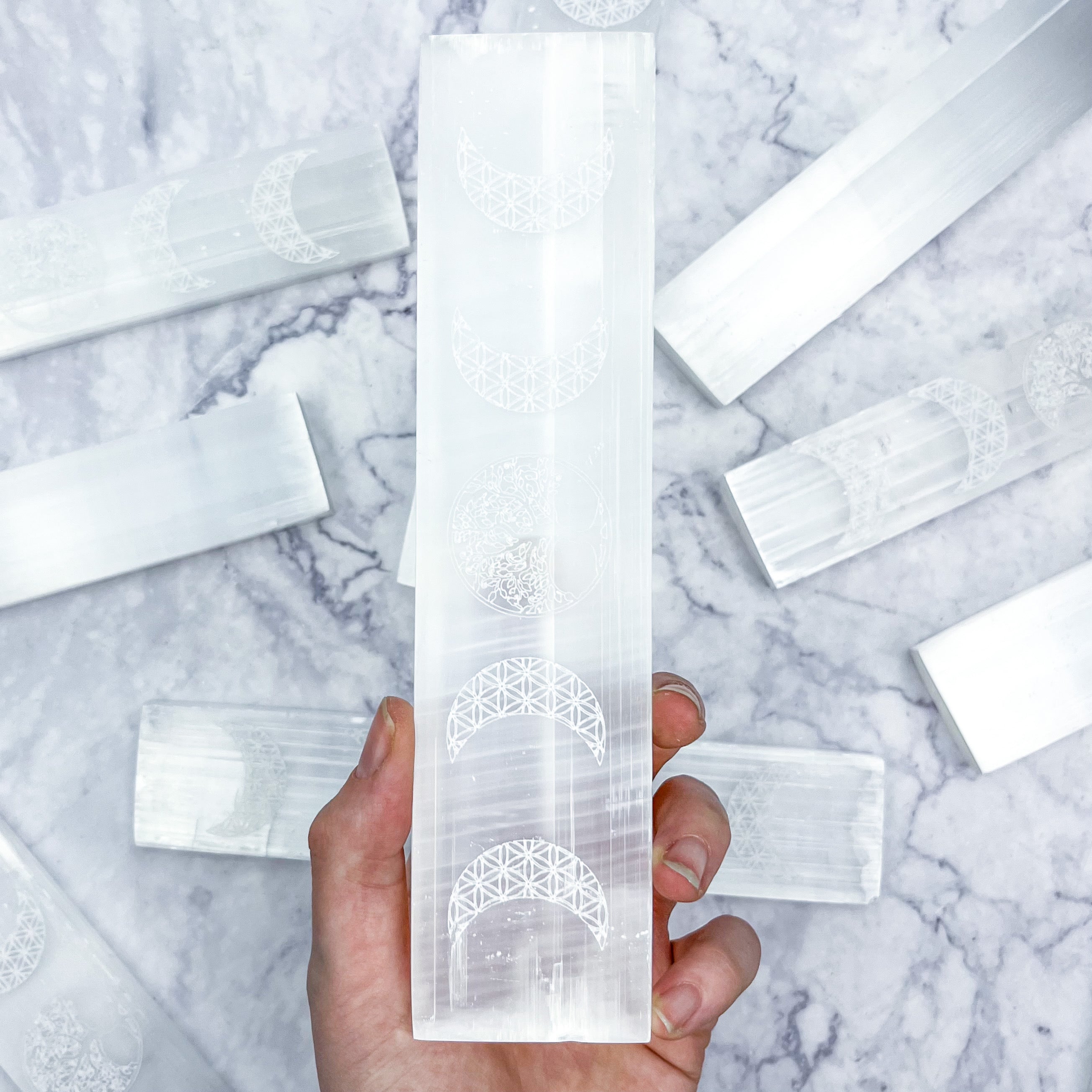 7.75 Inch Selenite Tree of Life Moon Phase Charging Bar