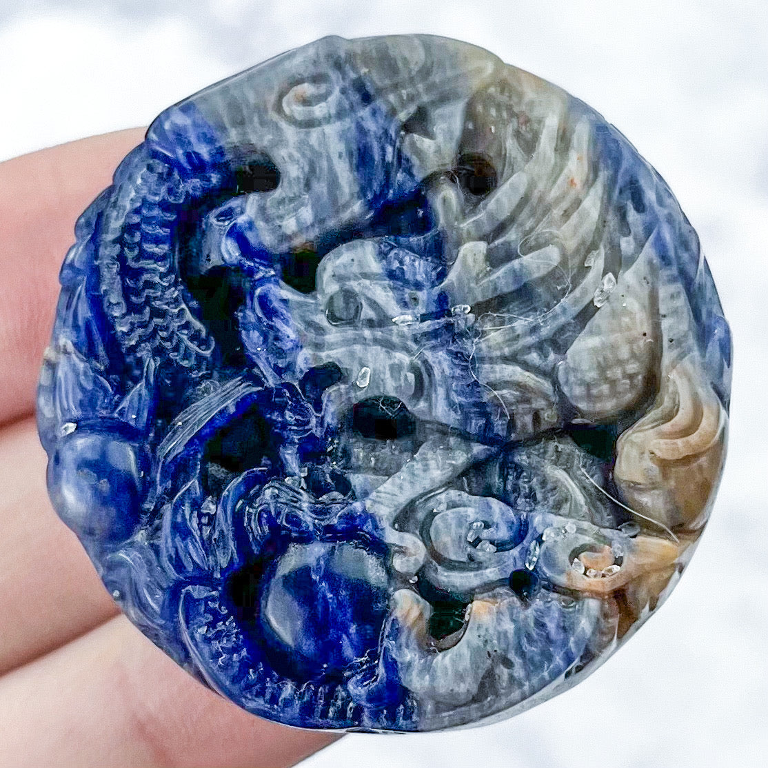 1.5 Inch Sodalite Flat Dragon Carving E36