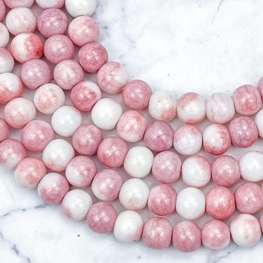 8mm Strawberry Parfait Opaque Crackle Glass Bead Strand