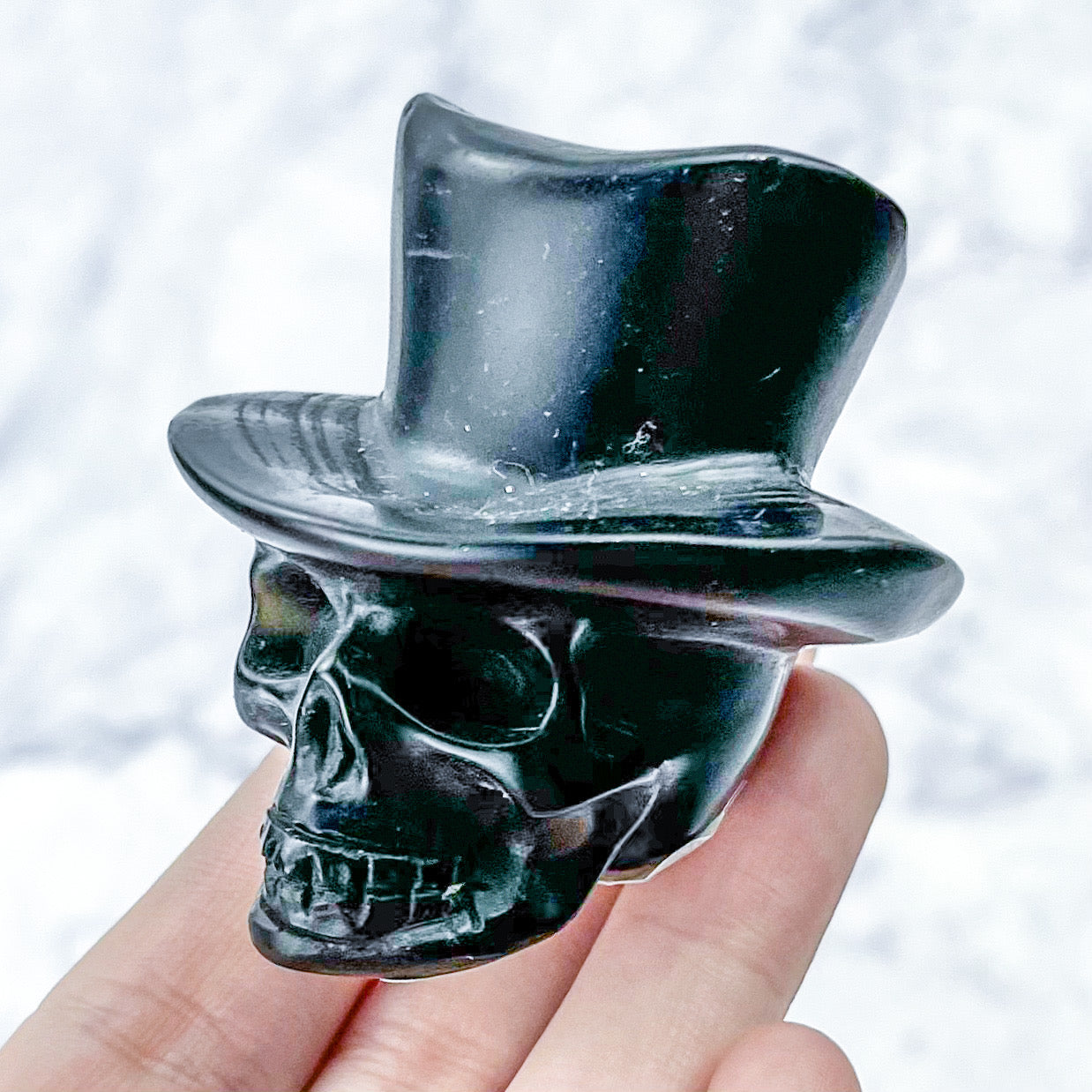 2 Inch Obsidian Skull with Top Hat Carving H32