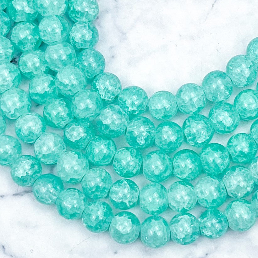 8mm Aqua Crackle Glass Bead Strand