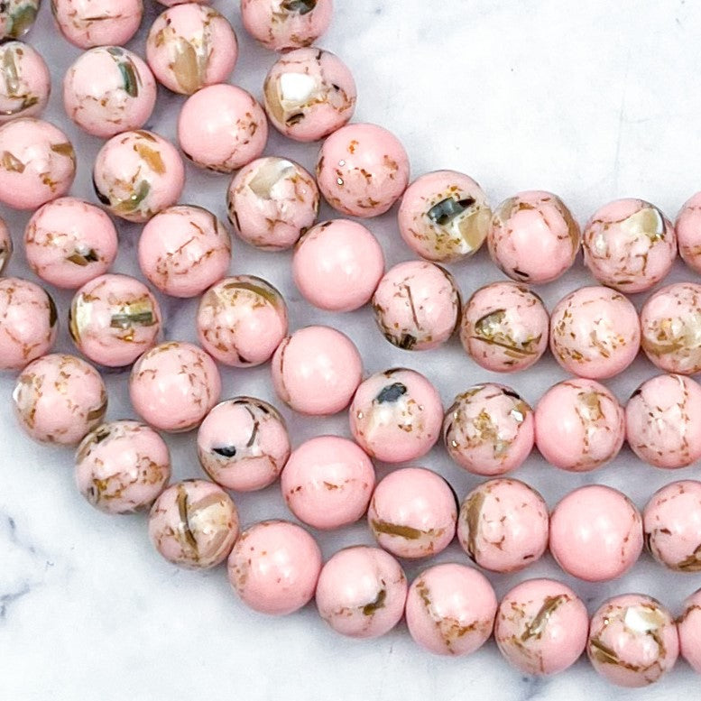 8mm Light Pink Howlite with Gold Foil Bead Strand F8