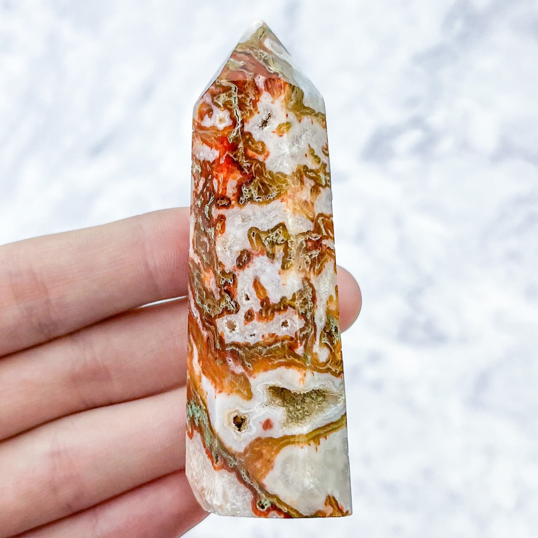 3 Inch Carnelian Moss Agate Tower F11