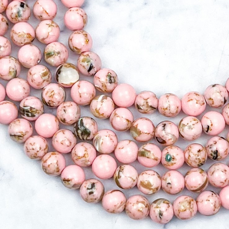 6mm Light Pink Howlite with Gold Foil Bead Strand D7
