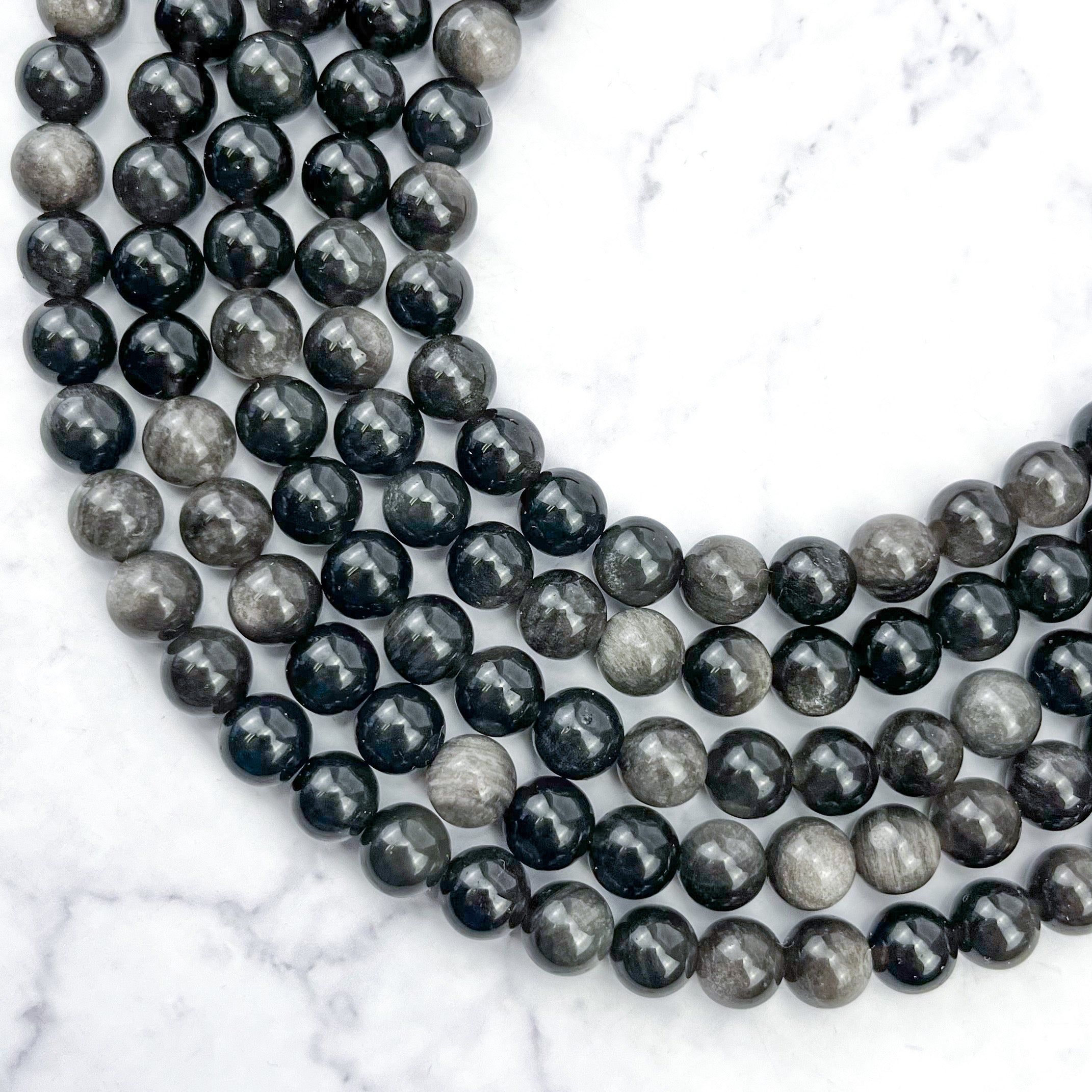 8mm Silver Sheen Obsidian Bead Strand