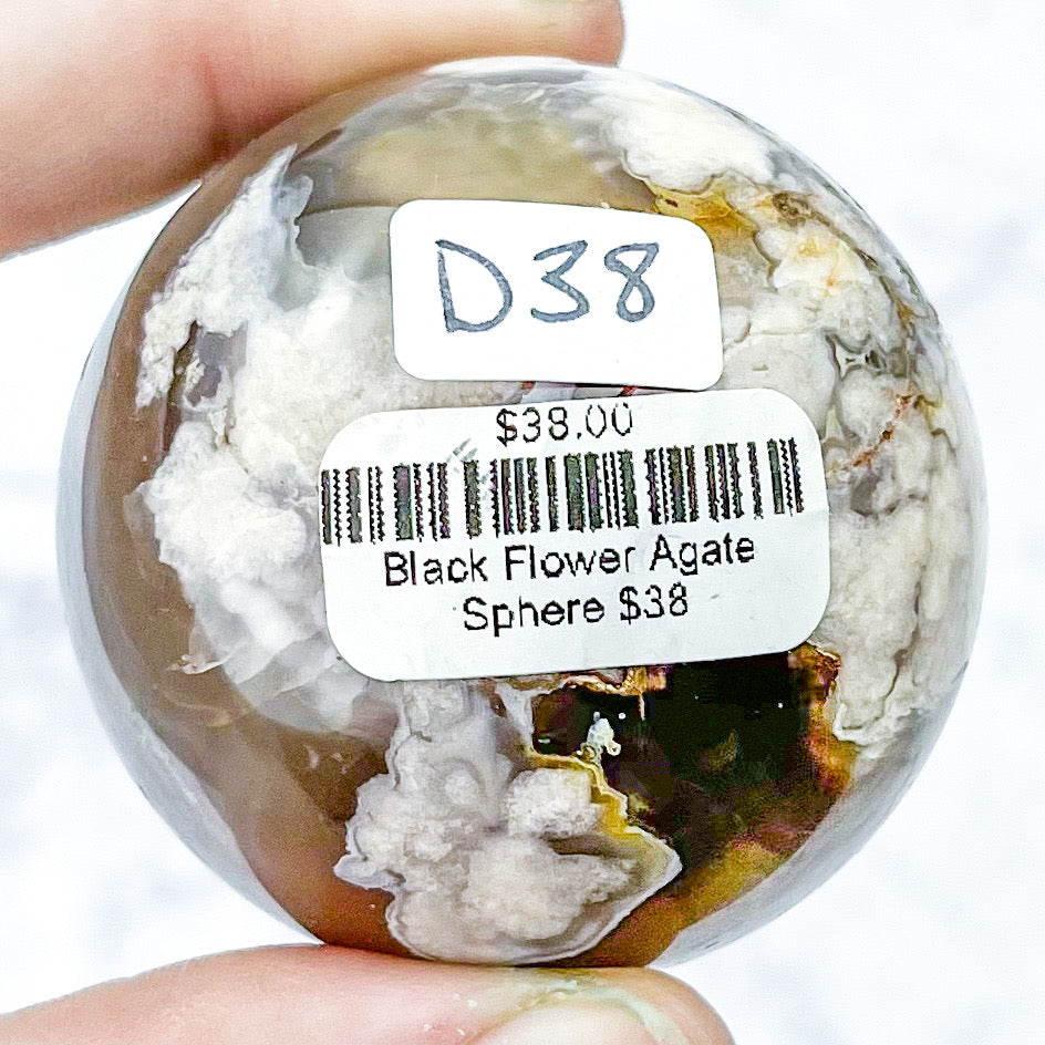 1.75 Inch Black Flower Agate Sphere D38