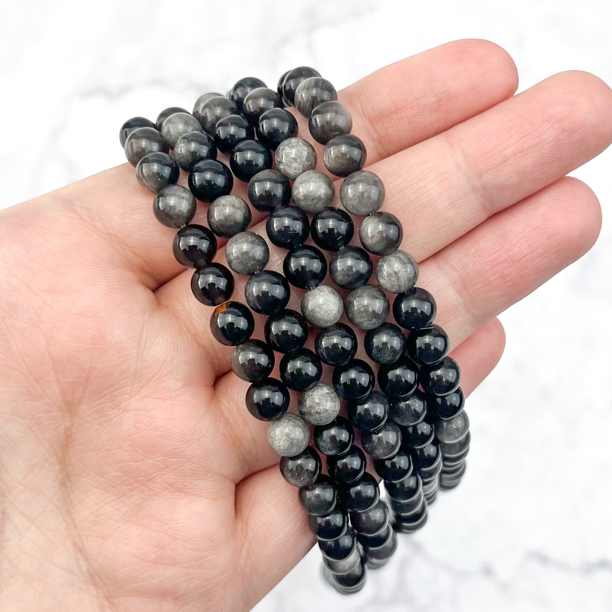 6mm Silver Sheen Obsidian Bead Strand D10