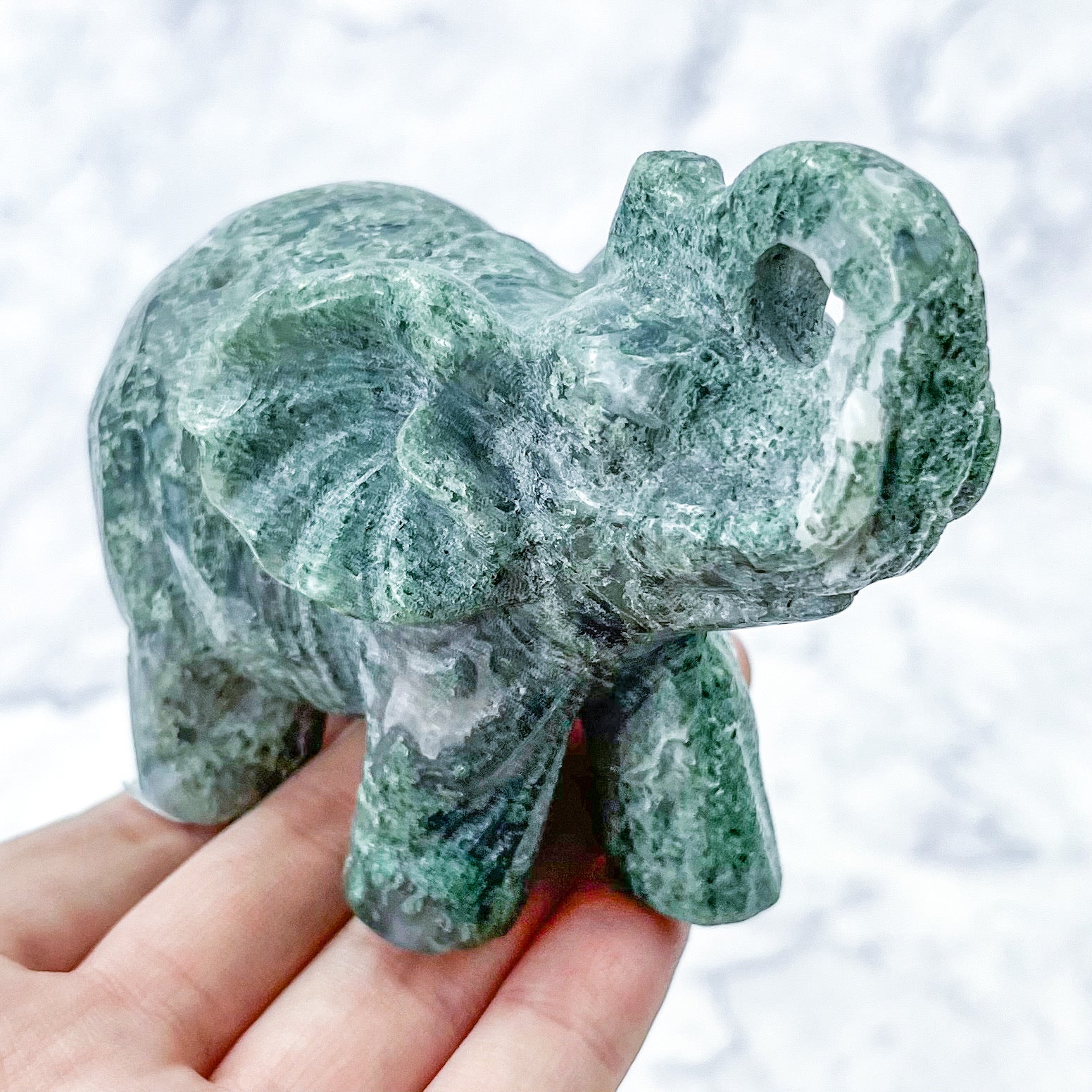 3.5 Inch Moss Agate Elephant Carving M72