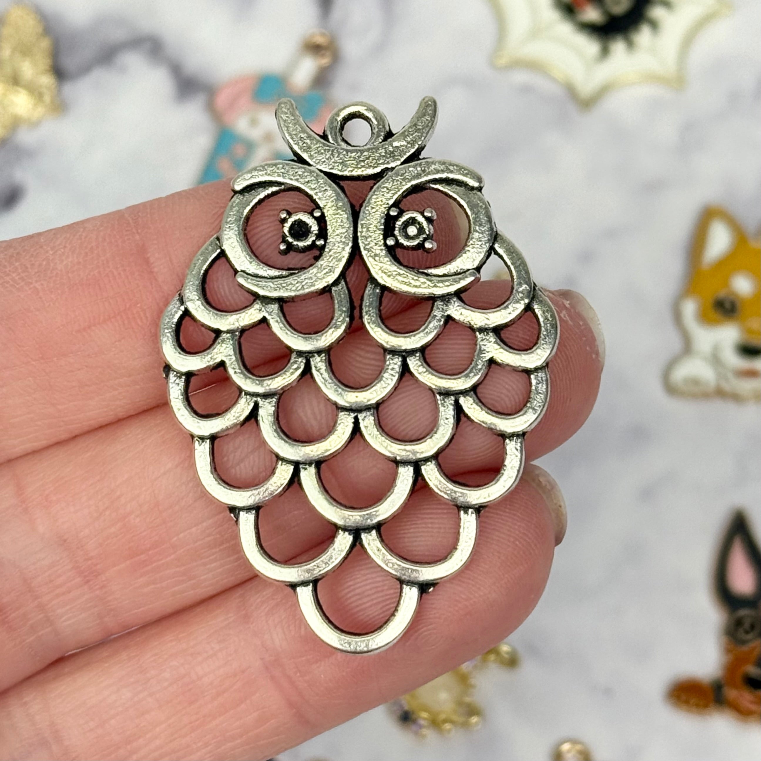 40mm Hollow Owl Silver Alloy Charm P2