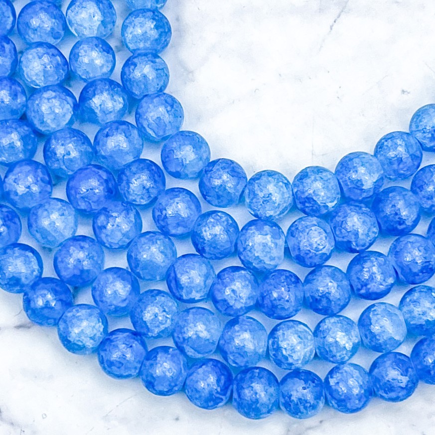 8mm Deep Sky Blue Crackle Glass Bead Strand