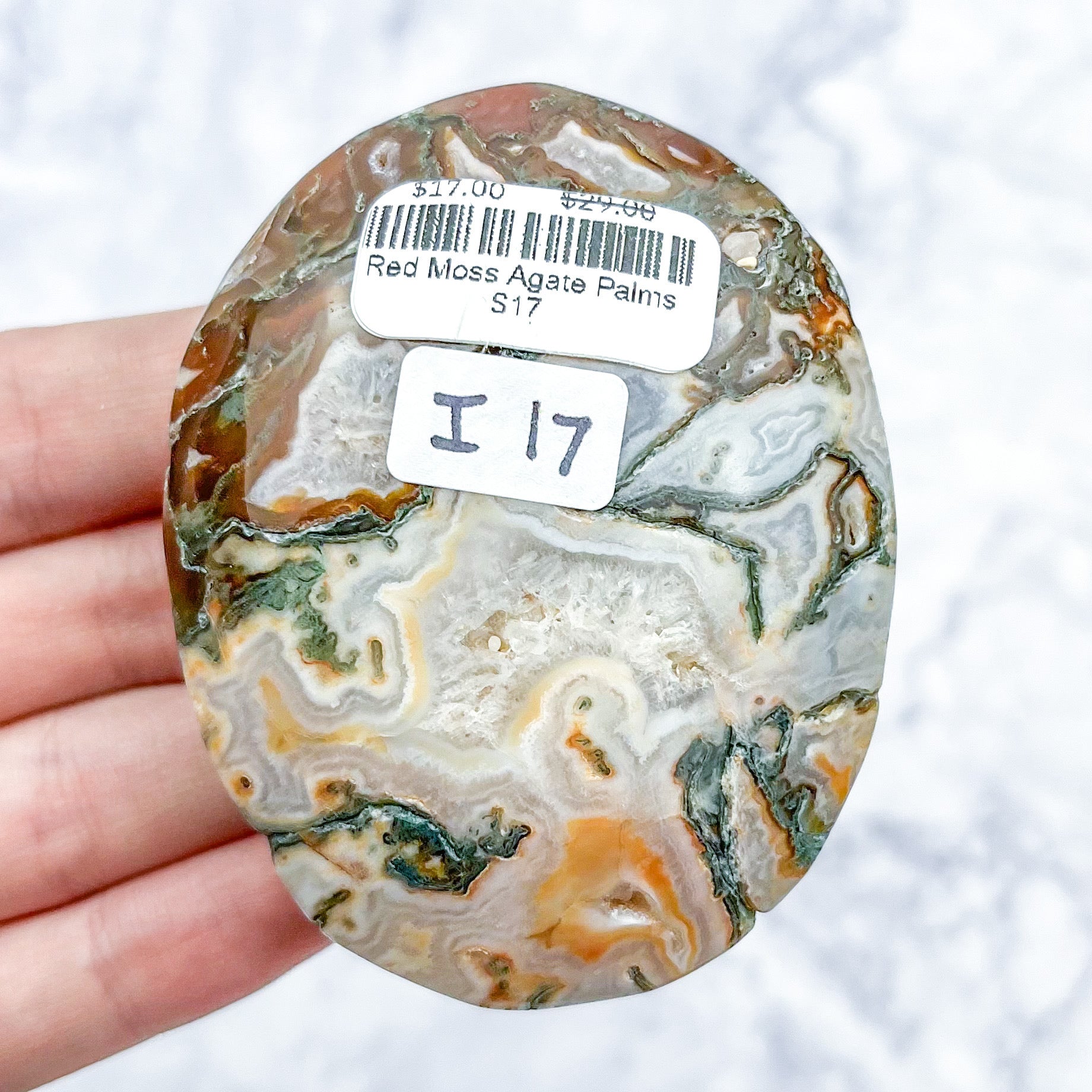 2.5 Inch Red Moss Agate Palmstone I17