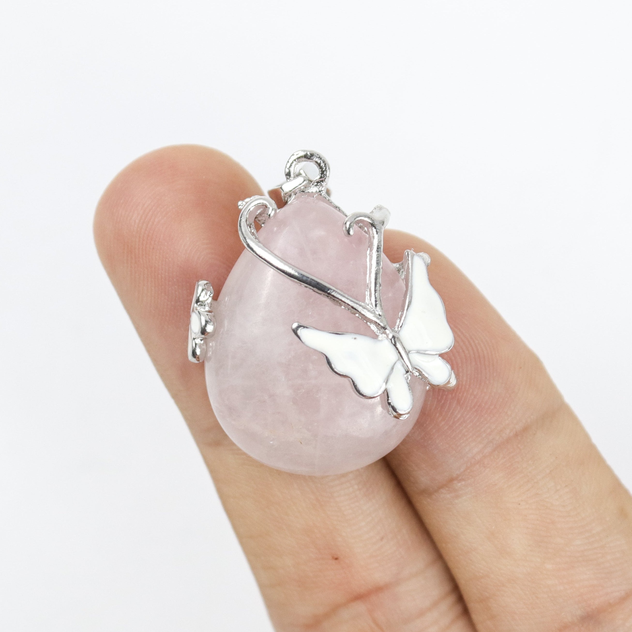 30mm Rose Quartz and Silver Butterfly Pendant