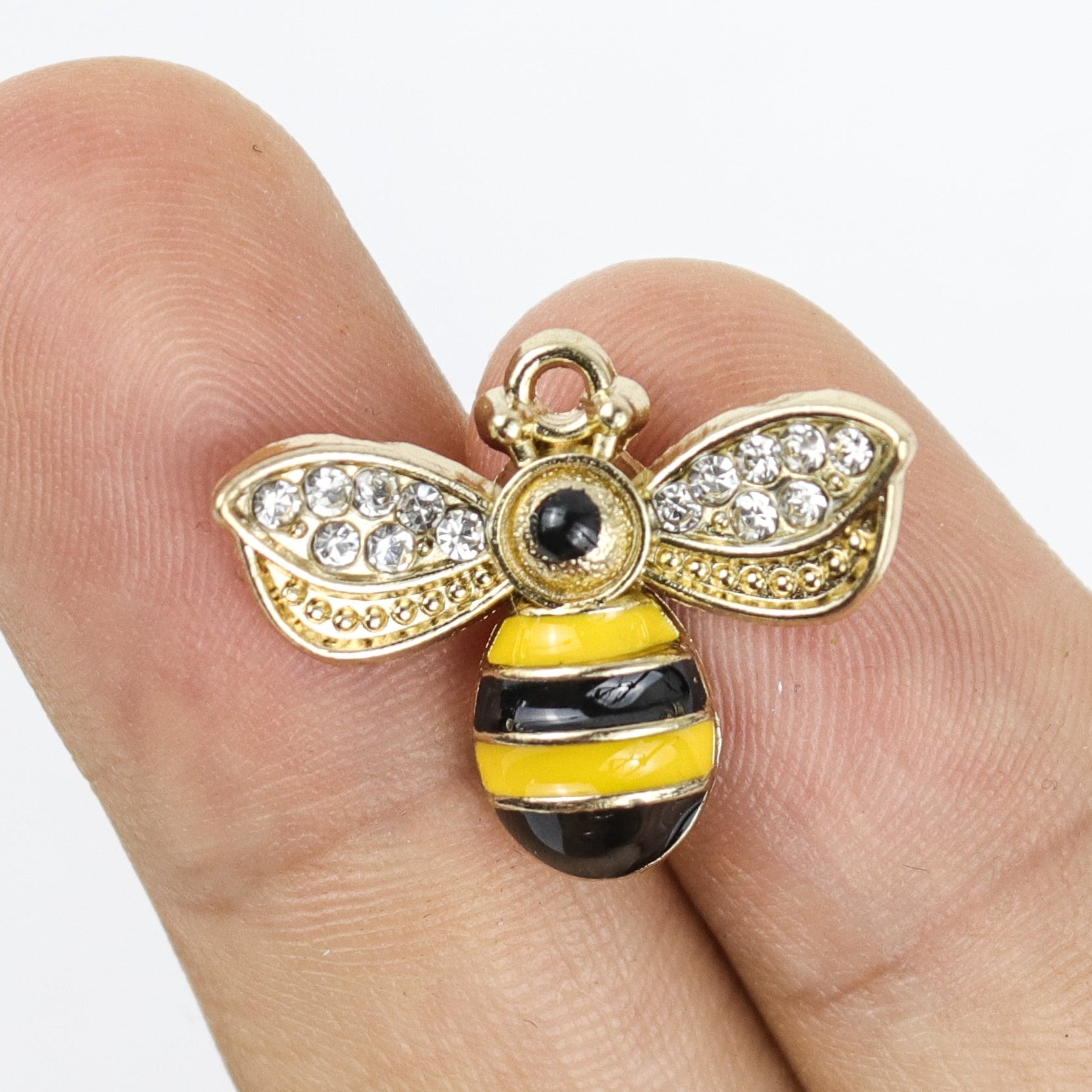 19mm Gold, Black, and Yellow Bee with Rhinestone Wings Charm