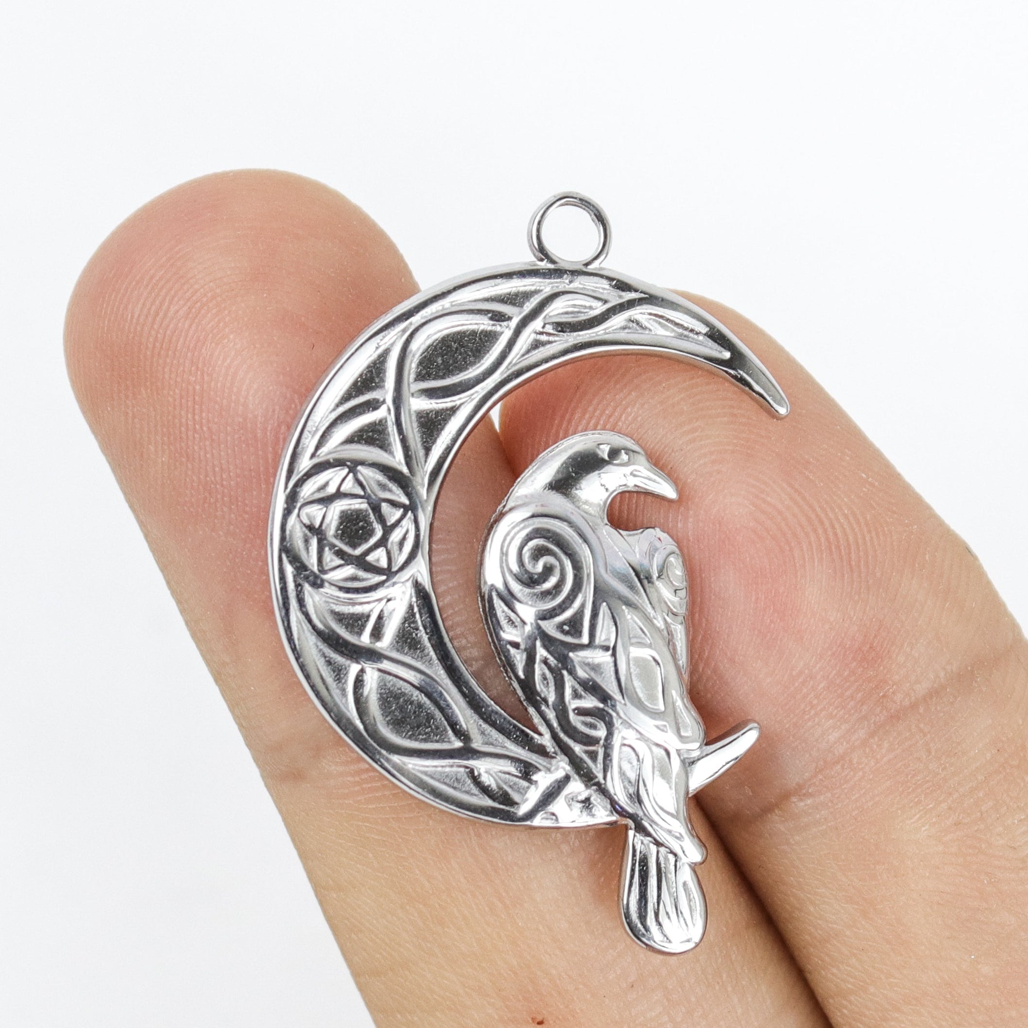 $3.00 Silver Crow On The Moon Stainless Steel Pendant