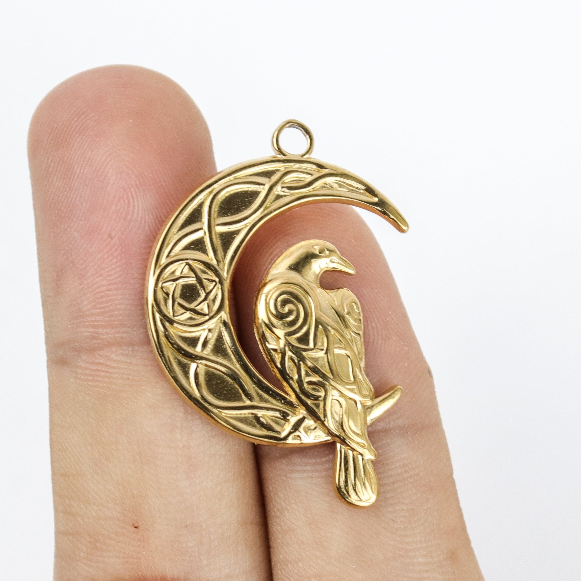 $3.00 Gold Crow On The Moon Stainless Steel Pendant