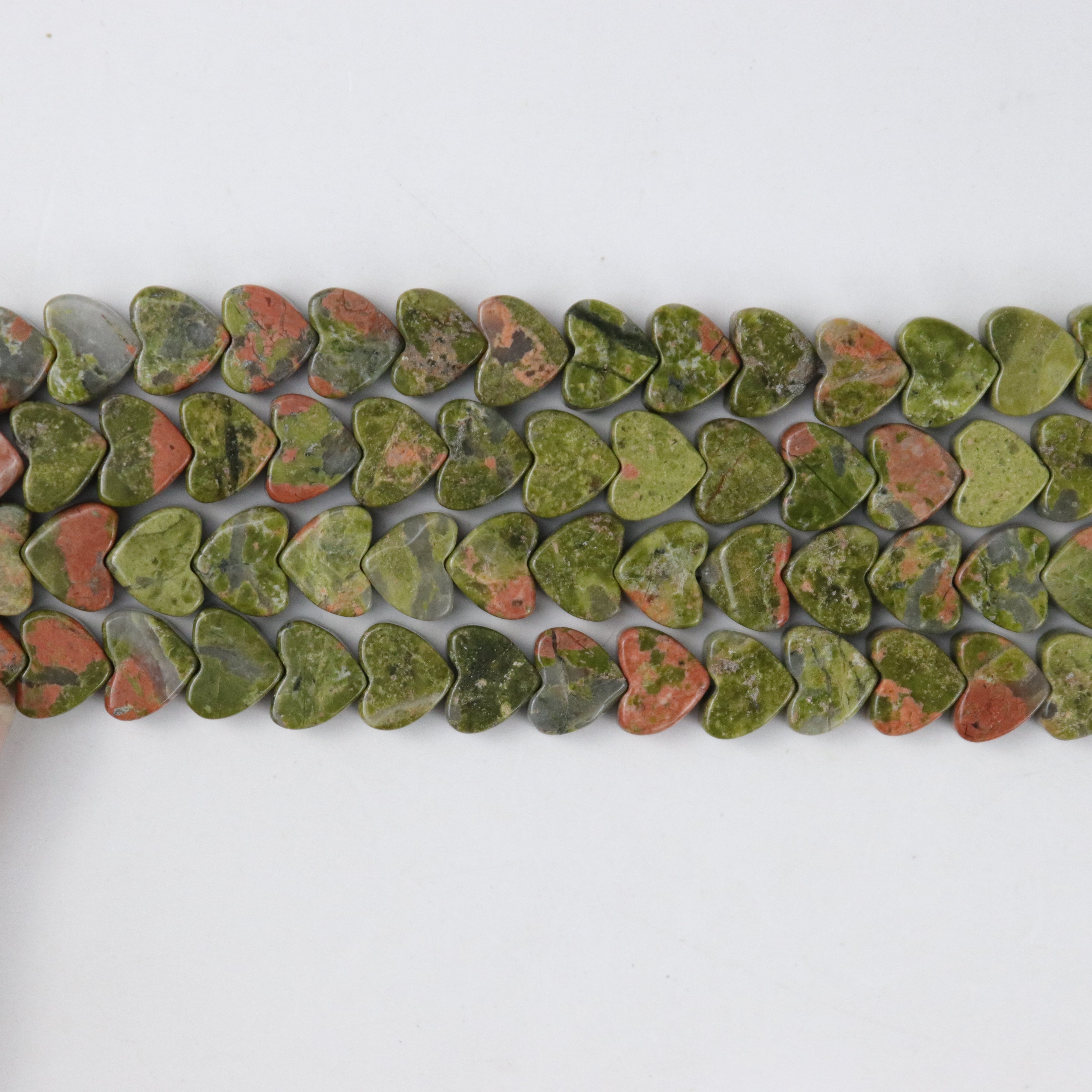 8mm Unakite Flat Heart Bead Half Strand
