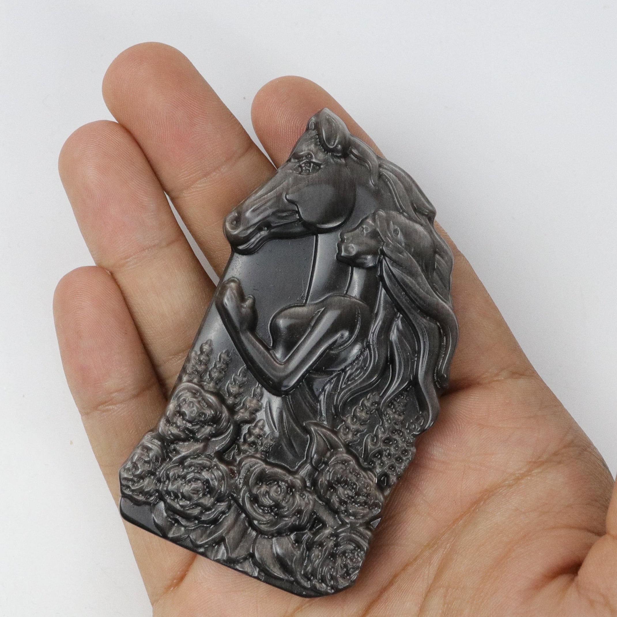 3.25 Inch Silver Sheen Obsidian Lady & Horse D27