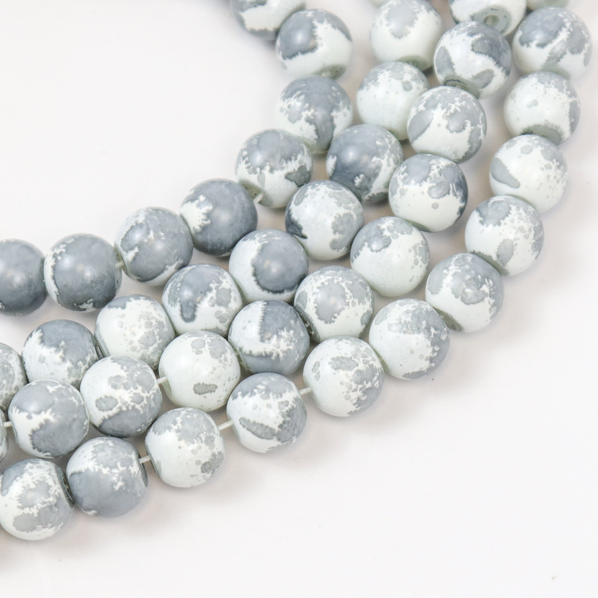 8mm Grey/White Glass Bead Strand 30" Loop $4.00