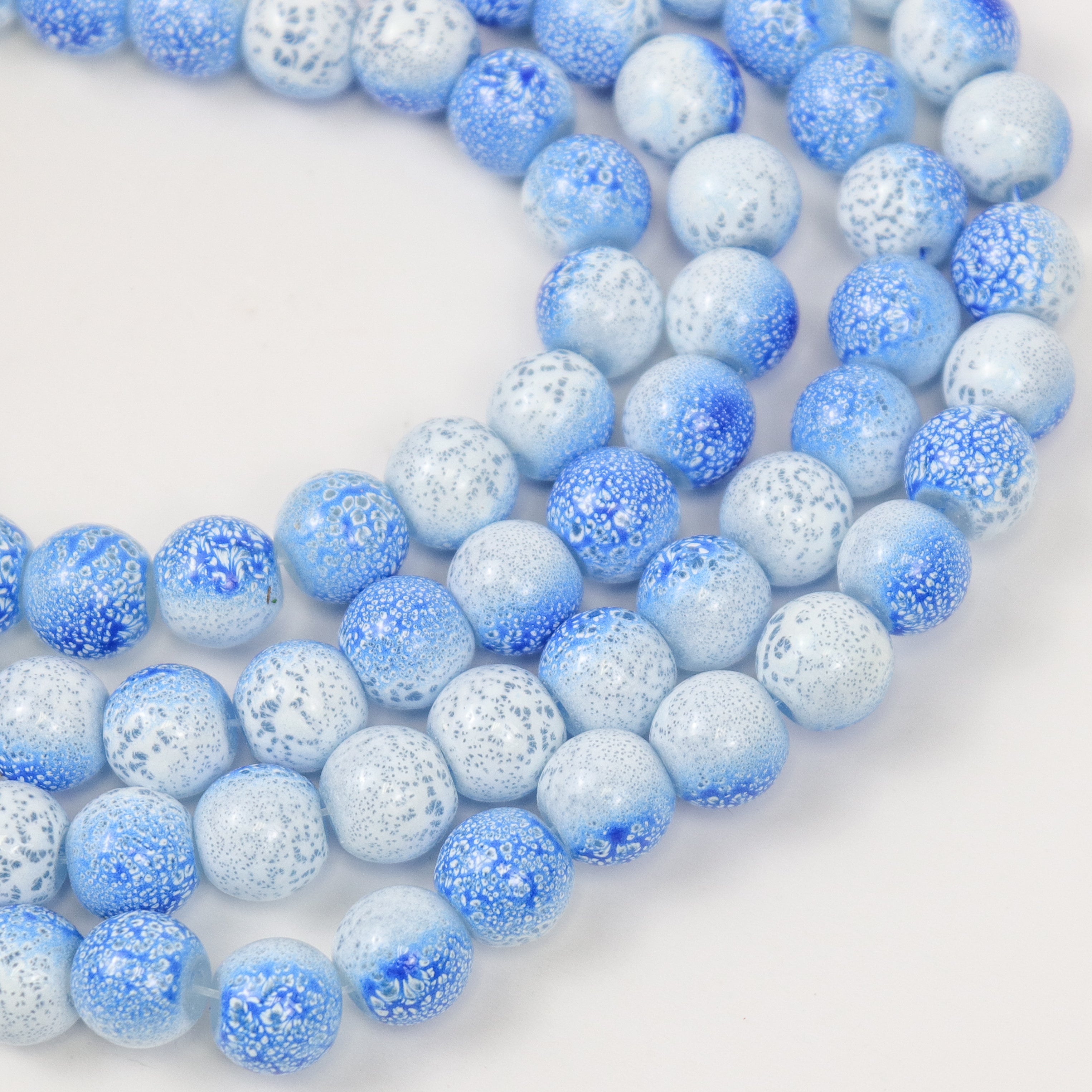 10mm Blue Speckled Painted Glass Bead Strand 30" Loop $5.00