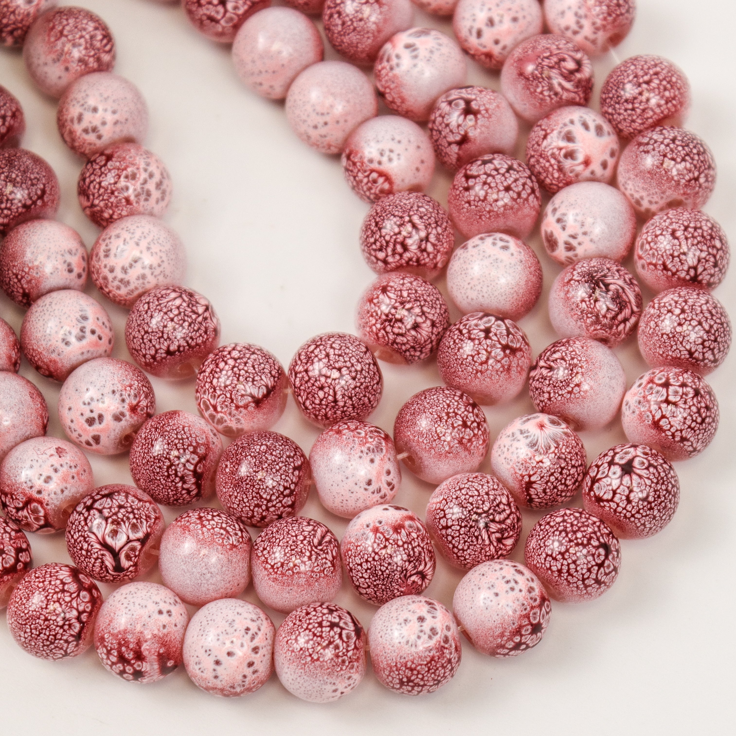 10mm Pink Speckled Painted Glass Bead Strand 30" Loop $5.00