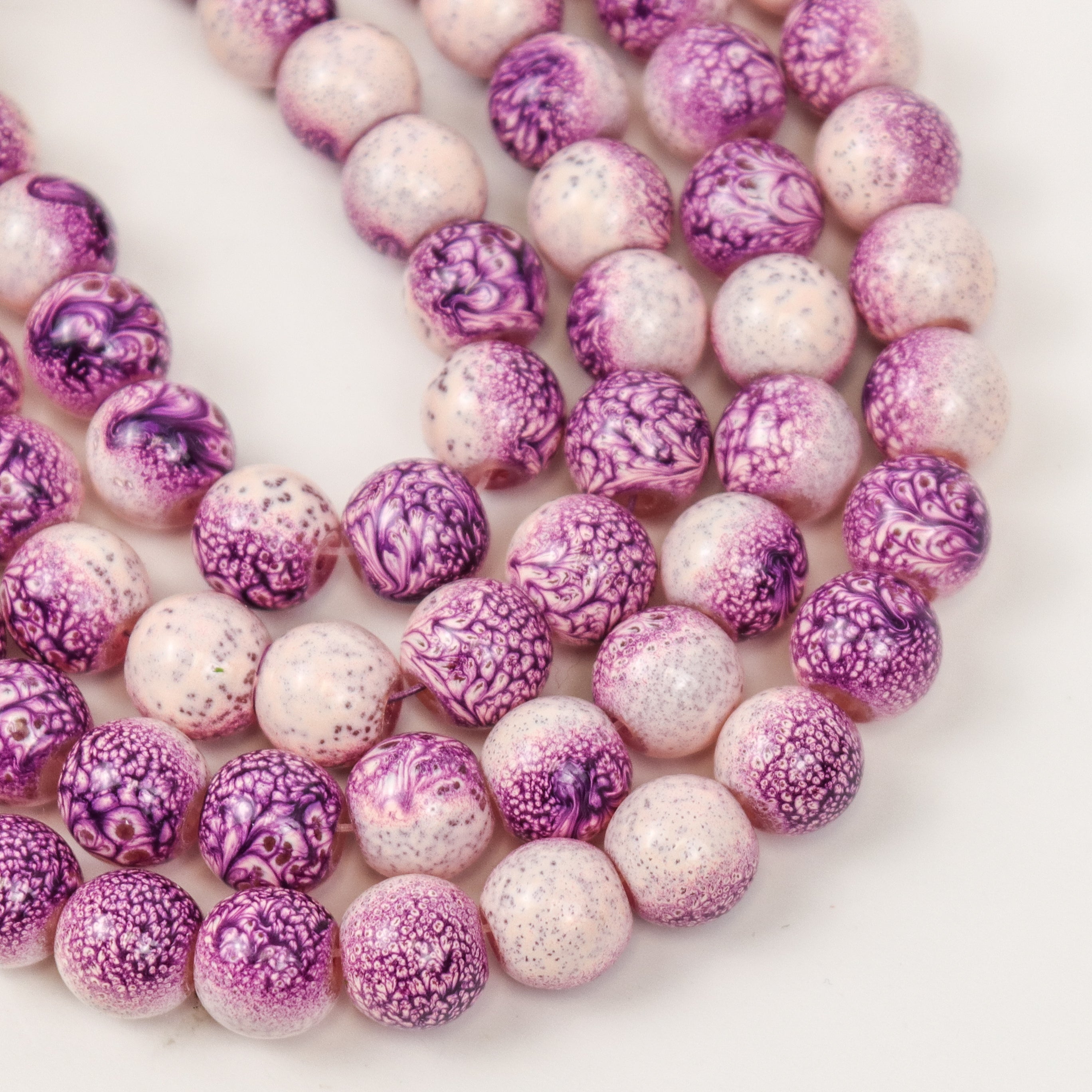 10mm Purple Speckled Painted Glass Bead Strand 30" Loop $5.00