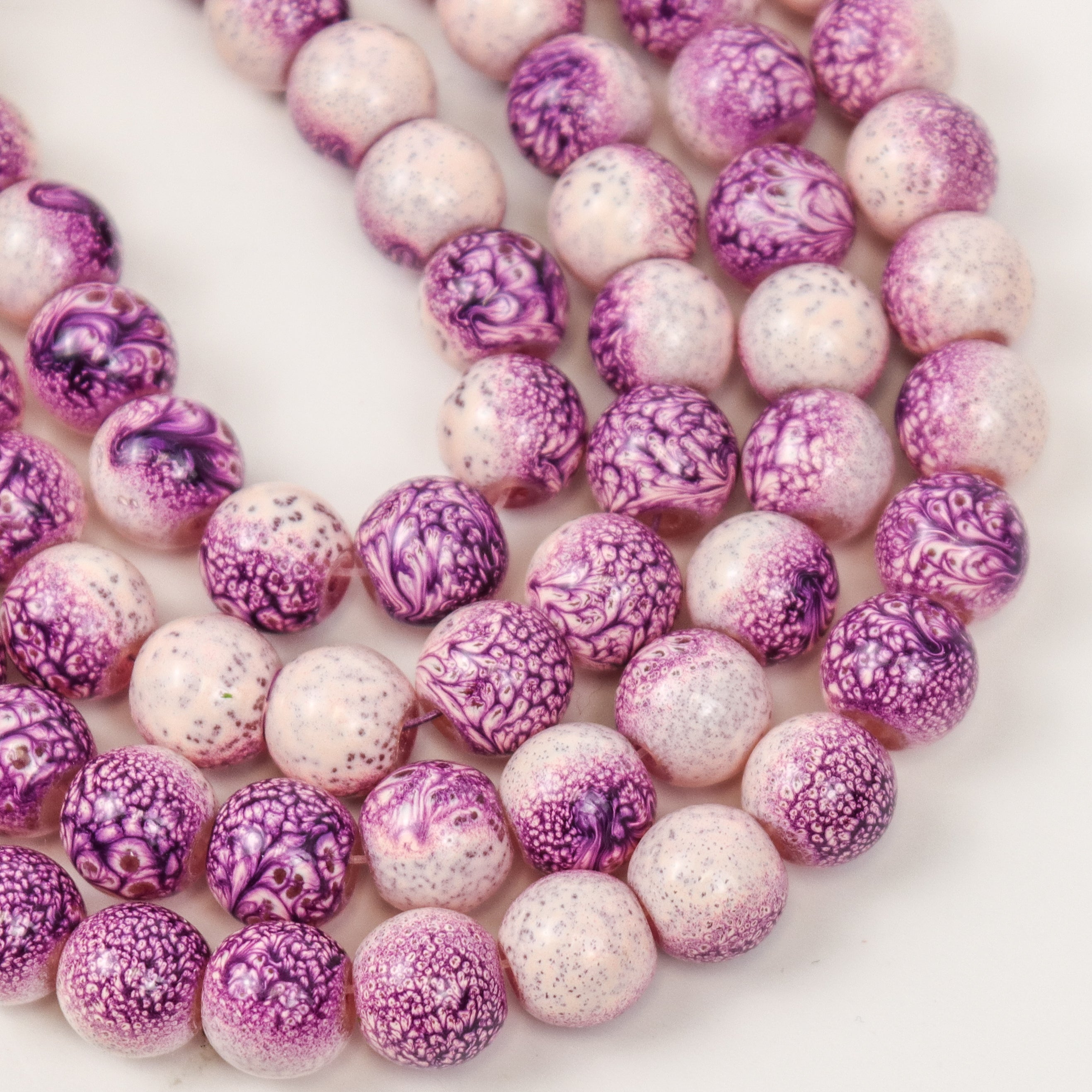 8mm Purple Speckled Painted Glass Bead Strand 27" Loop $4.00