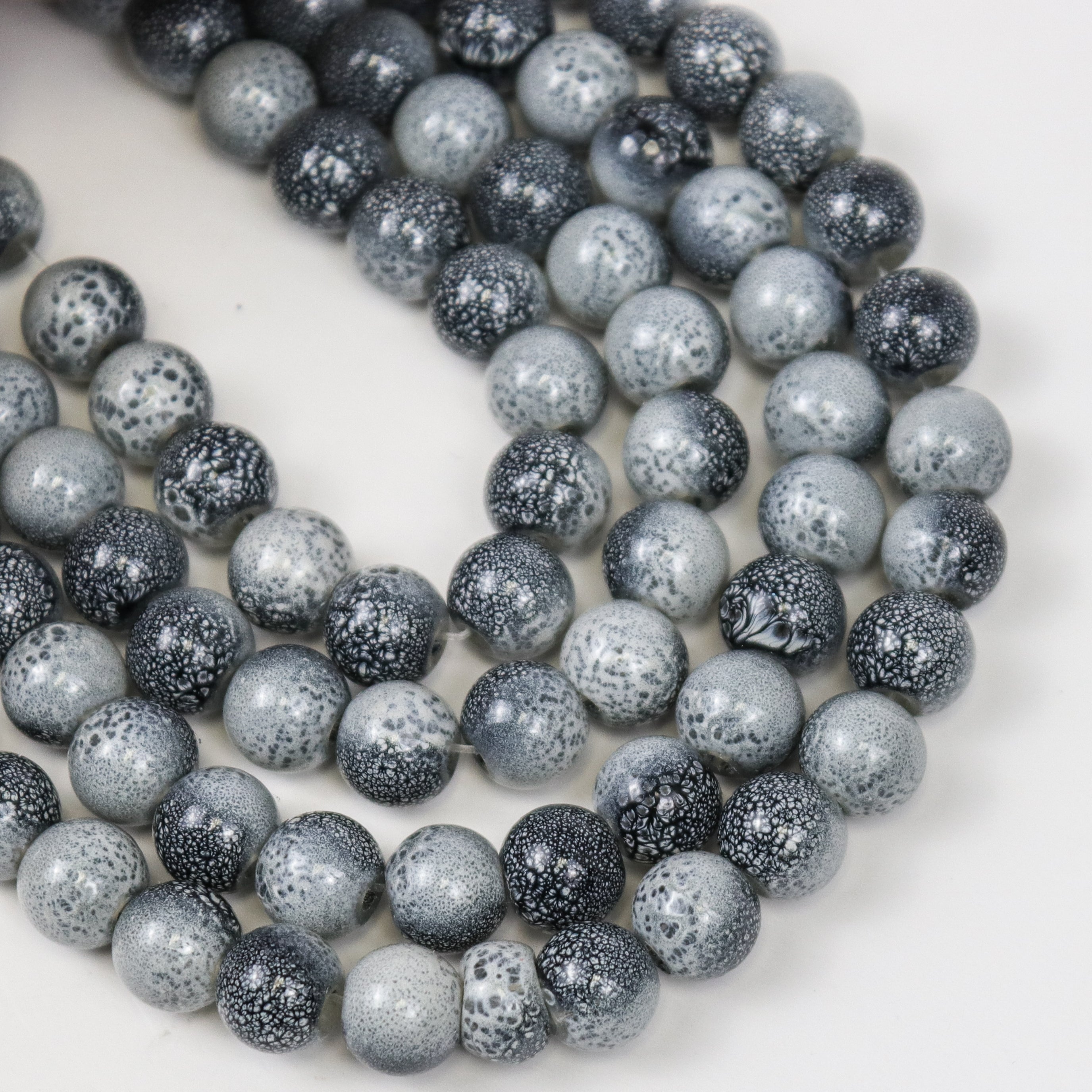8mm Black/Grey Speckled Painted Glass Bead Strand 27" Loop $4.00