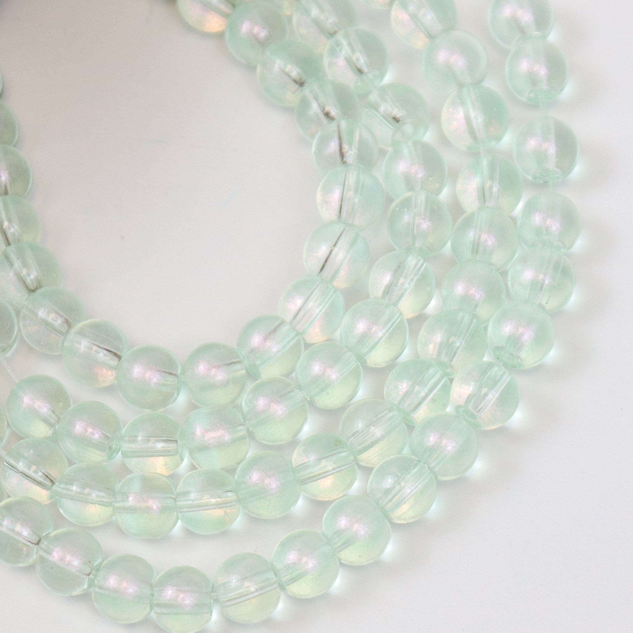 6mm Light Green Glitter Powder Glass Bead Strand 30" Loop $3.75