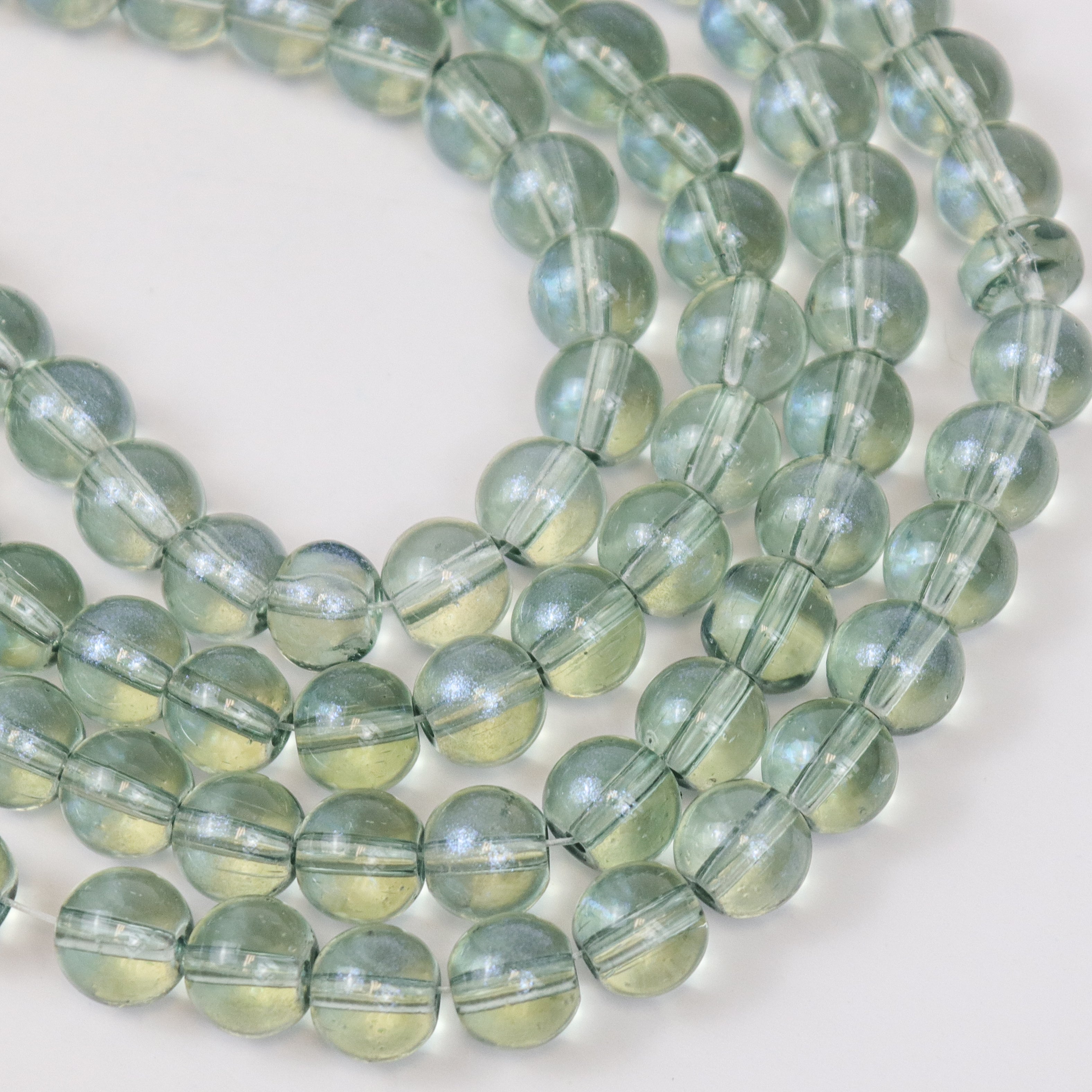 10mm Grey/Green Glitter Powder Glass Bead Strand 32" Loop $5.00