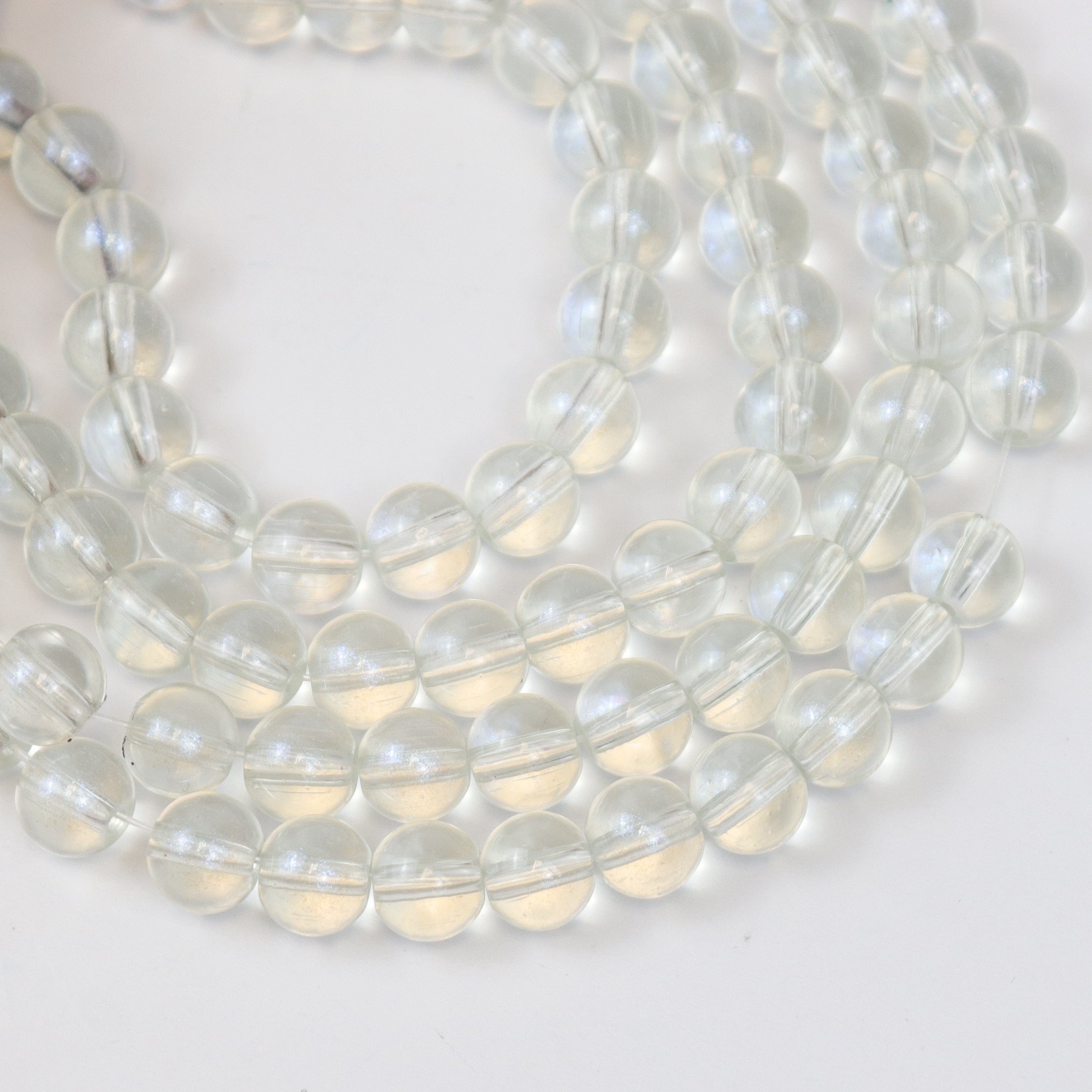8mm Clear/Blue Glitter Powder Glass Bead Strand 31" Loop $4.00