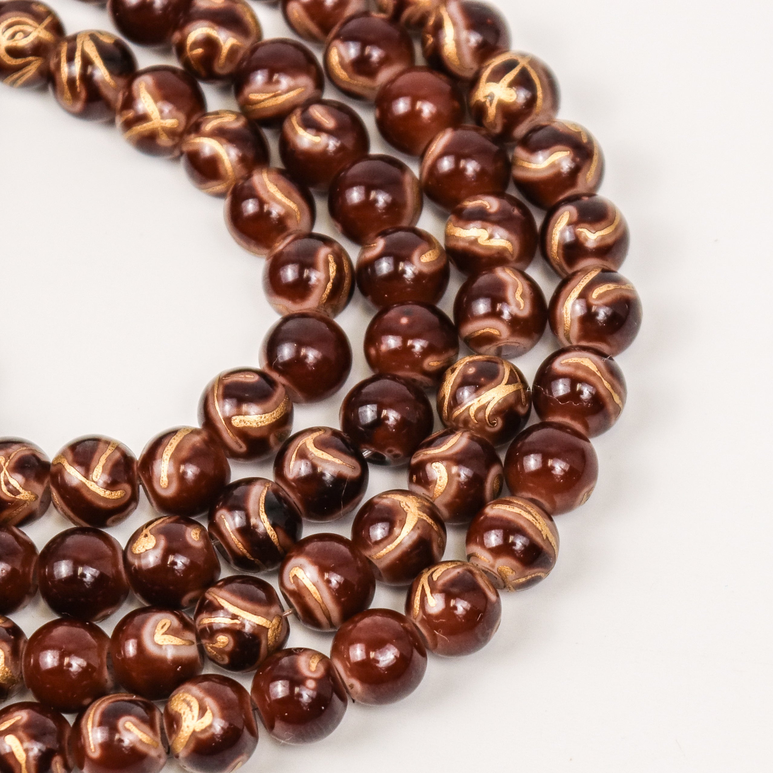 8mm Gold Mosaic Painted Brown/Yellow Glass Bead Strand