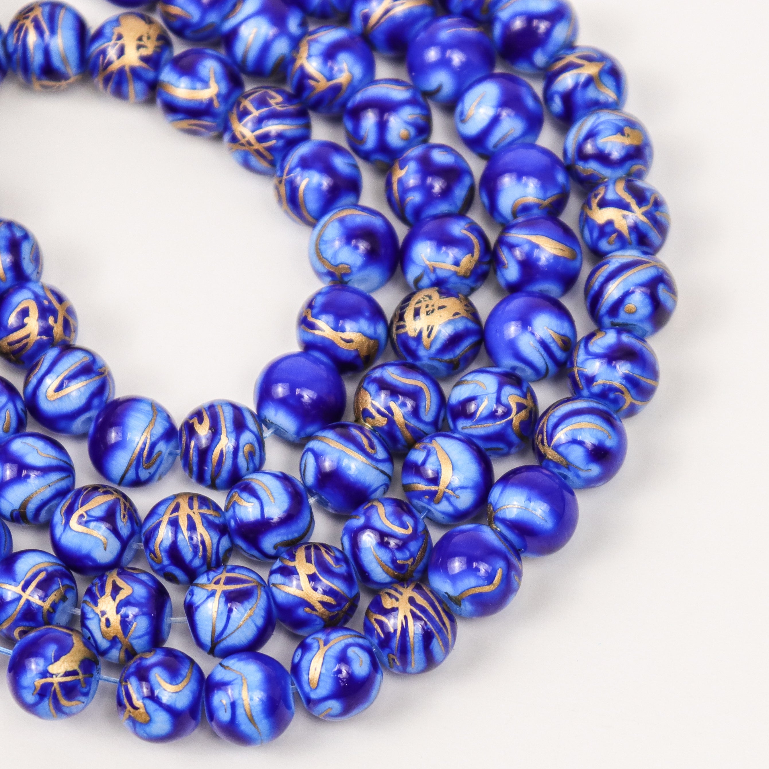 8mm Gold Mosaic Painted Blue/Gold Glass Bead Strand