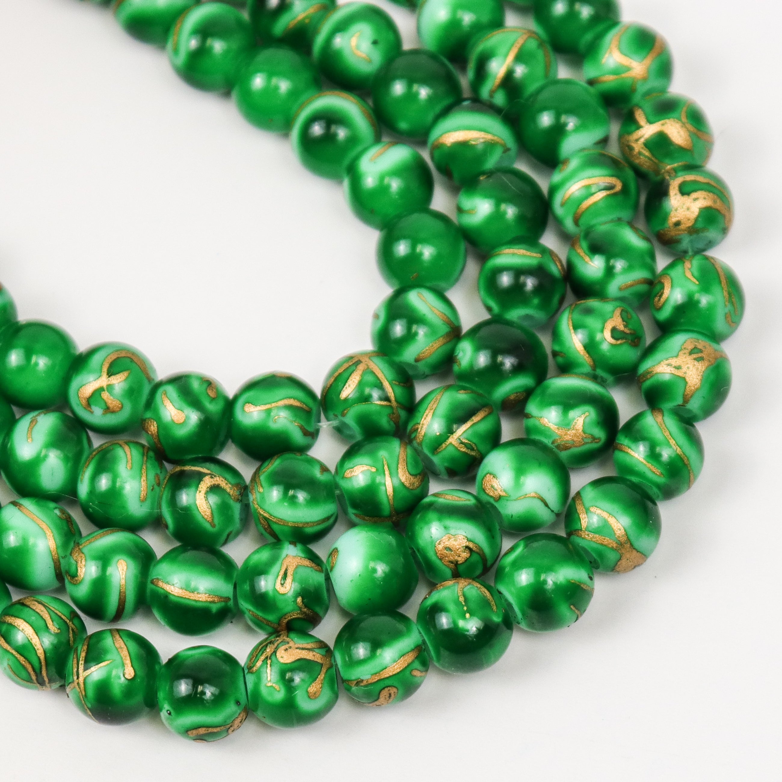 8mm Gold Mosaic Painted Green/Gold Glass Bead Strand