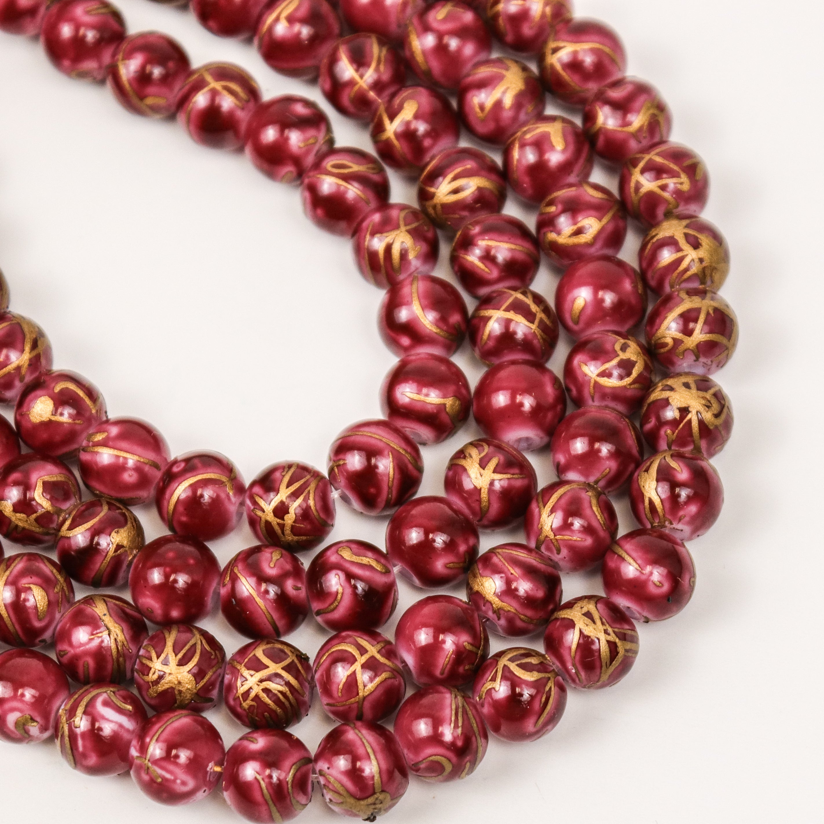 8mm Gold Mosaic Painted Maroon/Gold Glass Bead Strand