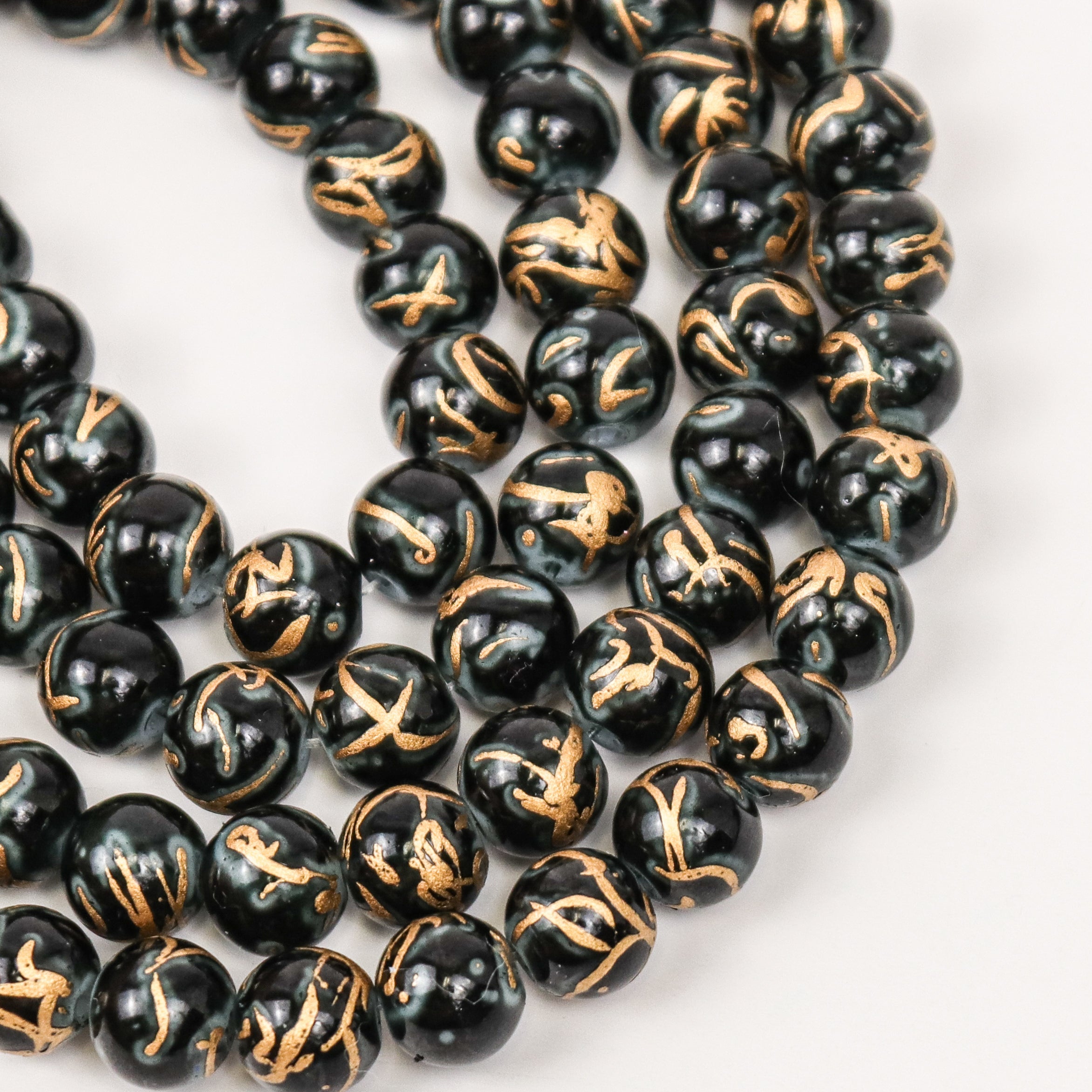 8mm Gold Mosaic Painted Black/Gold Glass Bead Strand