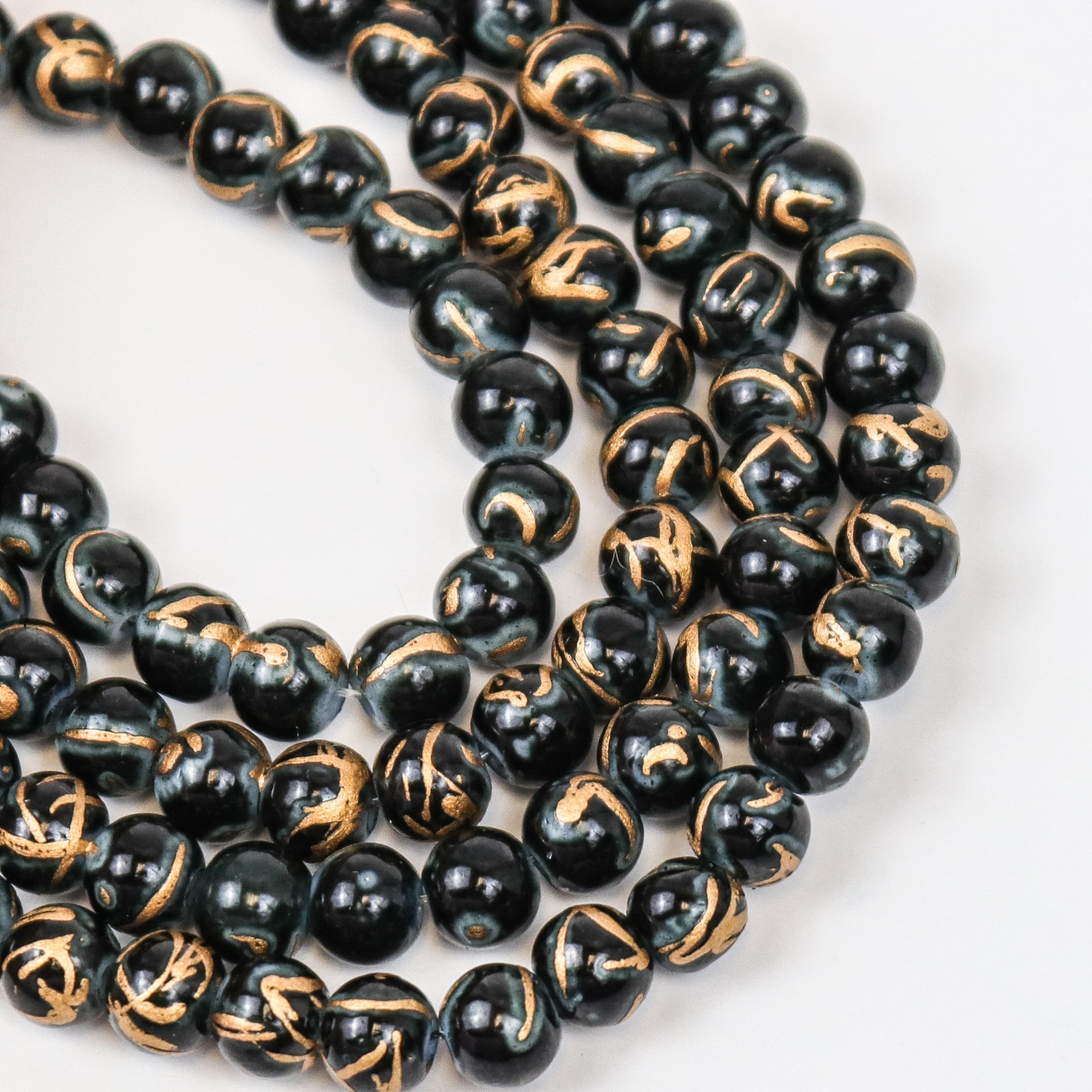 6mm Gold/Black Mosaic Painted Glass Bead Strand 30" Loop $3.75