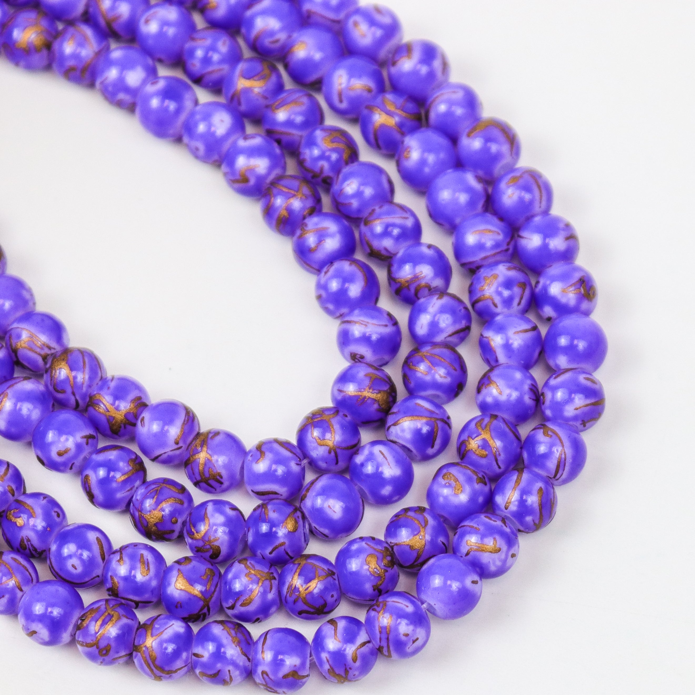 6mm Gold/Purple Mosaic Painted Glass Bead Strand 30" Loop $3.75