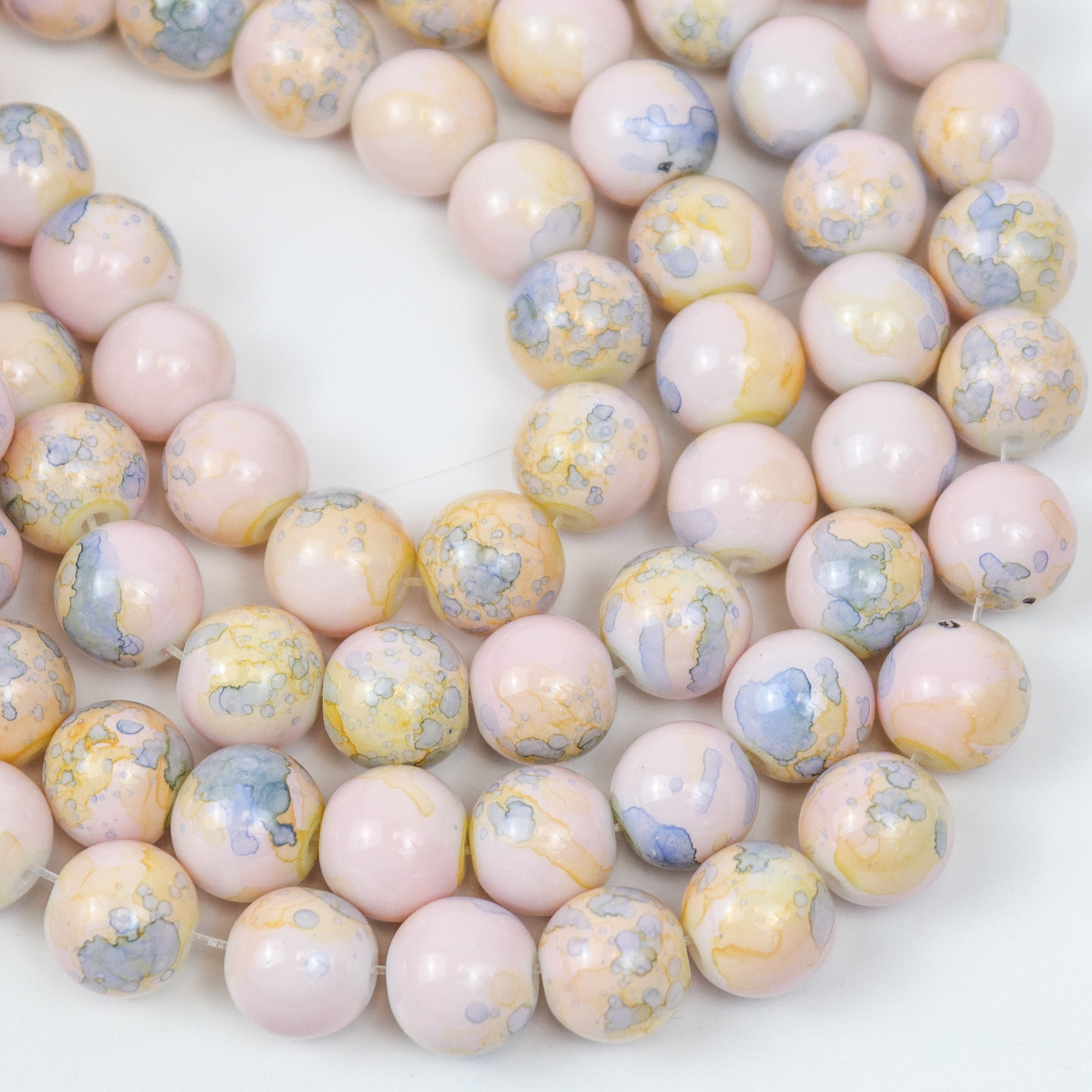 10mm Pink/Yellow Watercolour Painted Glass Bead Strand 30" Loop $5.00