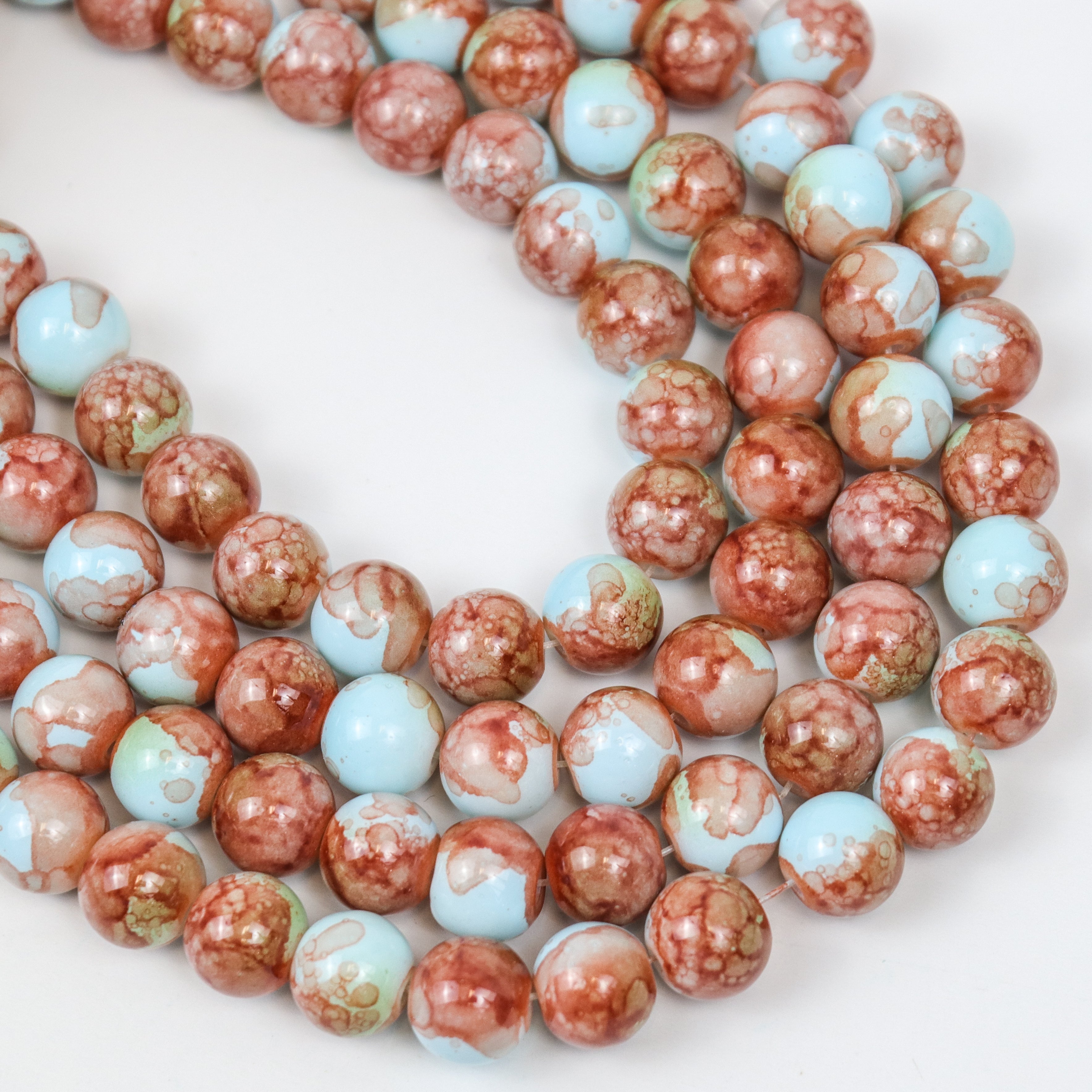 10mm Red/Blue Watercolour Painted Glass Bead Strand 30" Loop $5.00