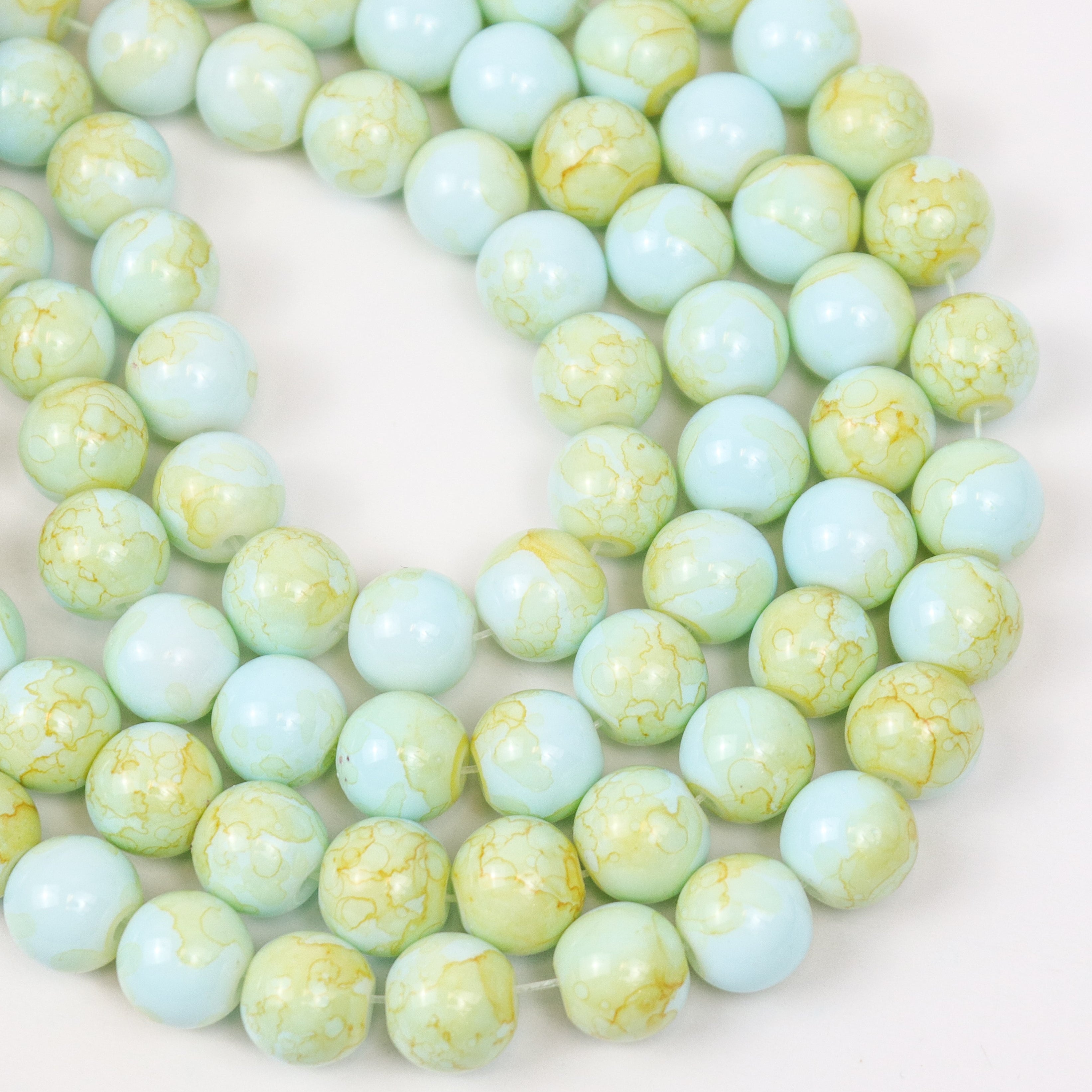 10mm Light Blue/Green Watercolour Painted Glass Bead Strand 30" Loop $5.00